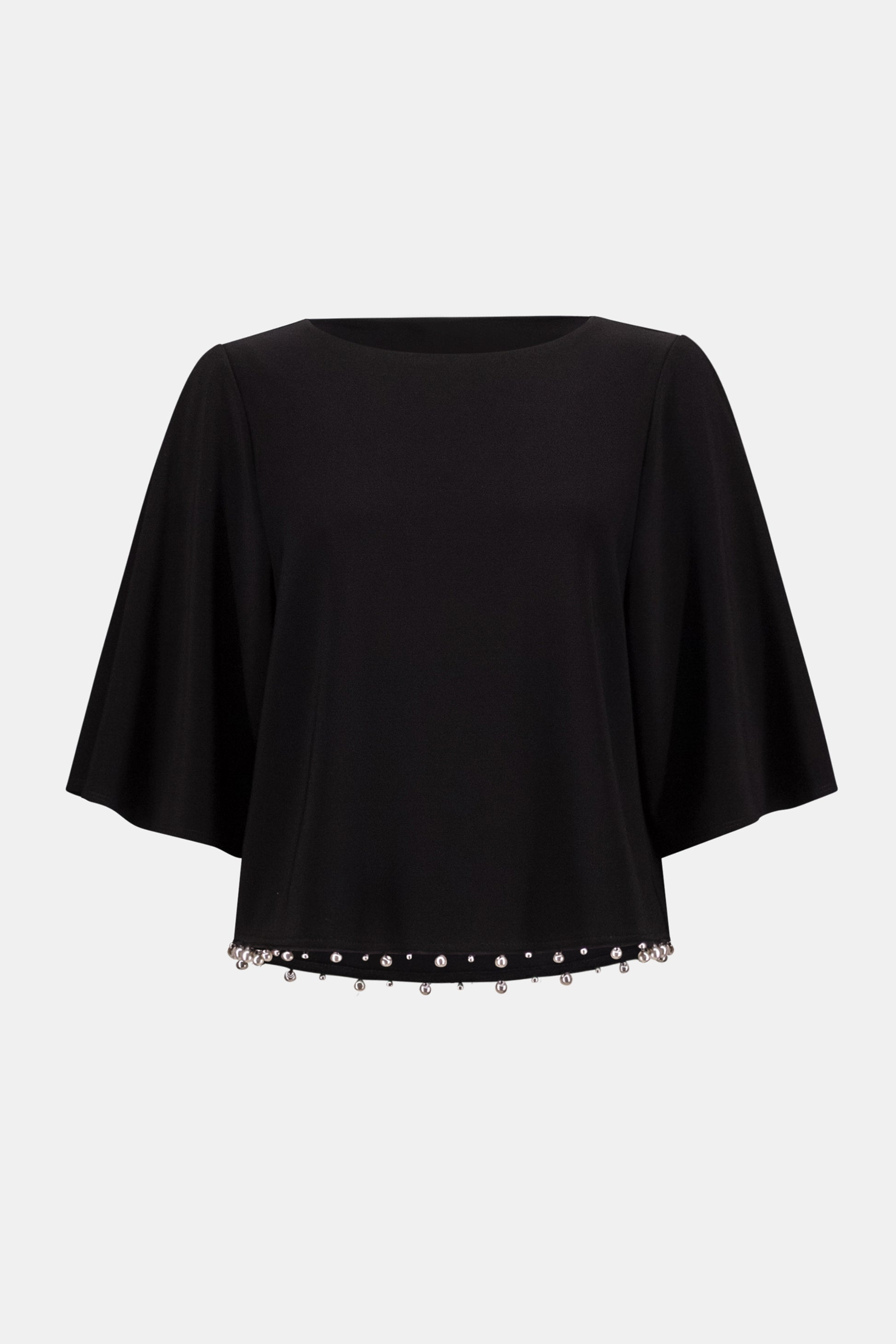 Black silky knit flared top with pearl embellishment isolated on white background