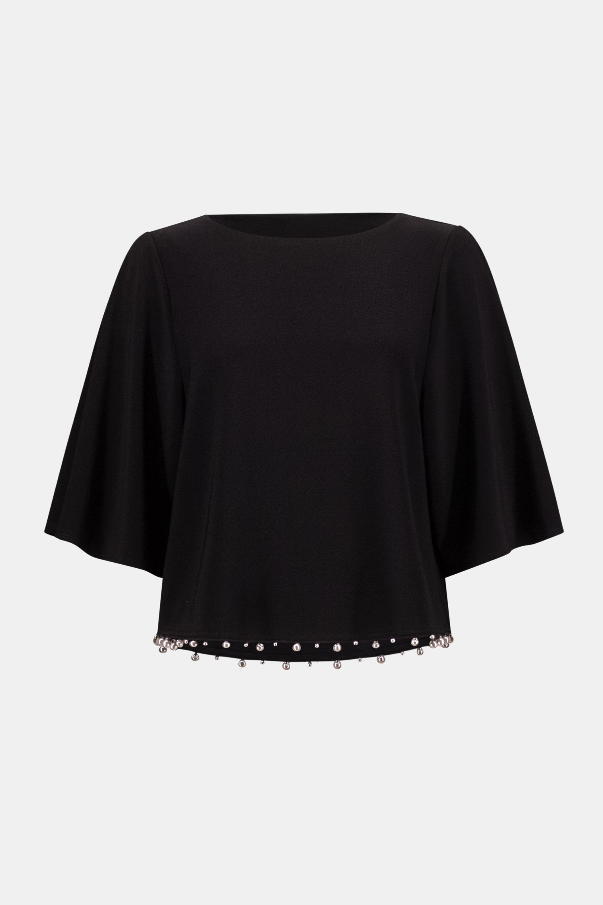 Black silky knit flared top with pearl embellishment isolated on white background