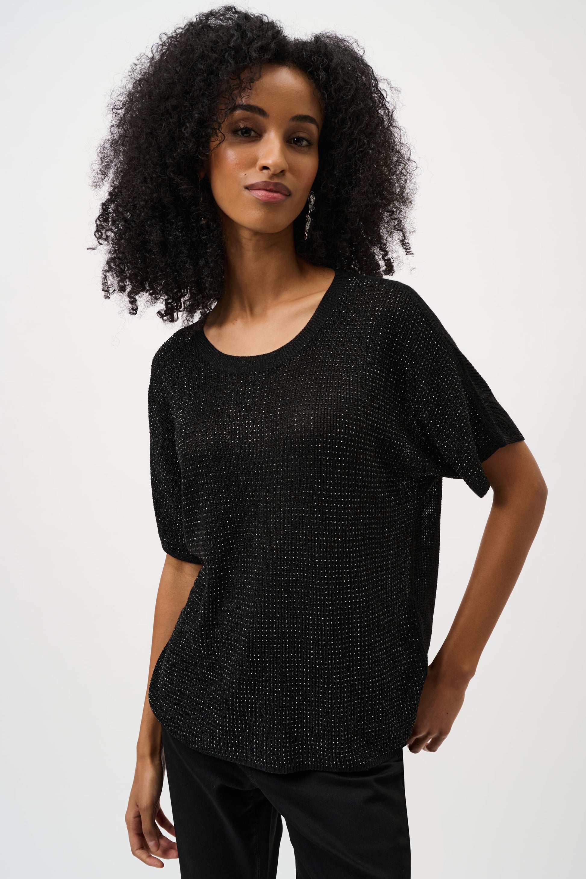 Women’s sparkle knit top with metallic finish and rhinestones embellishment