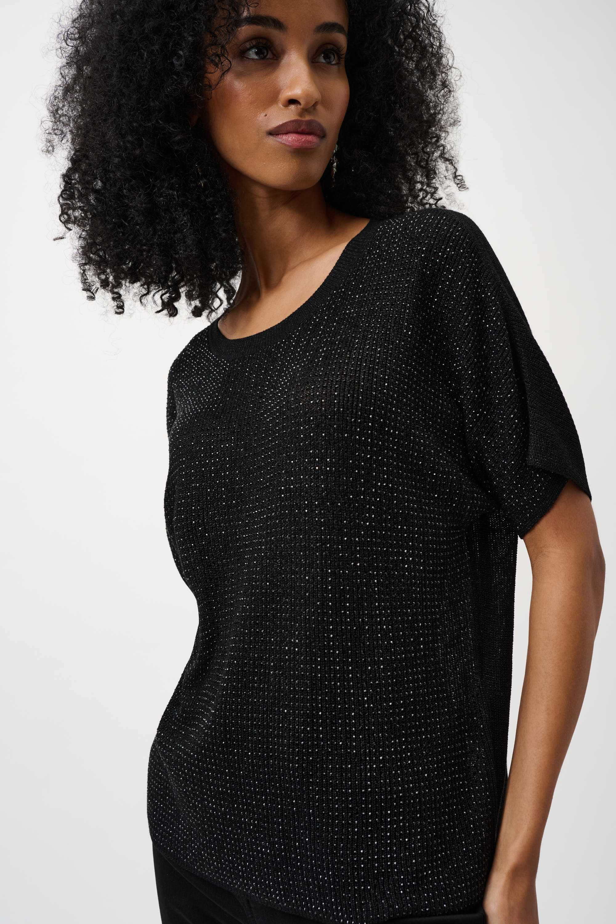 Metallic sparkle knit blouse with rhinestones, fashionable women’s T-shirt