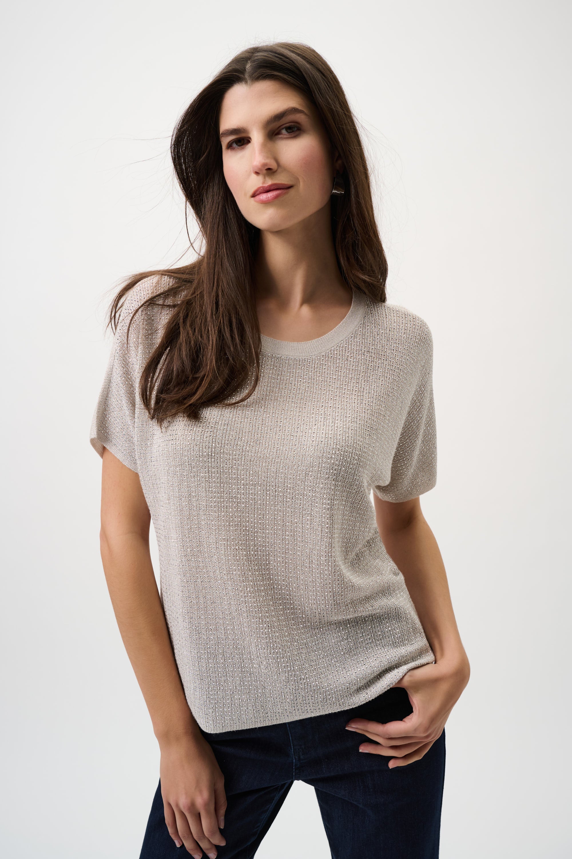 Rhinestone embellished metallic knitted T-shirt, trendy glitter top