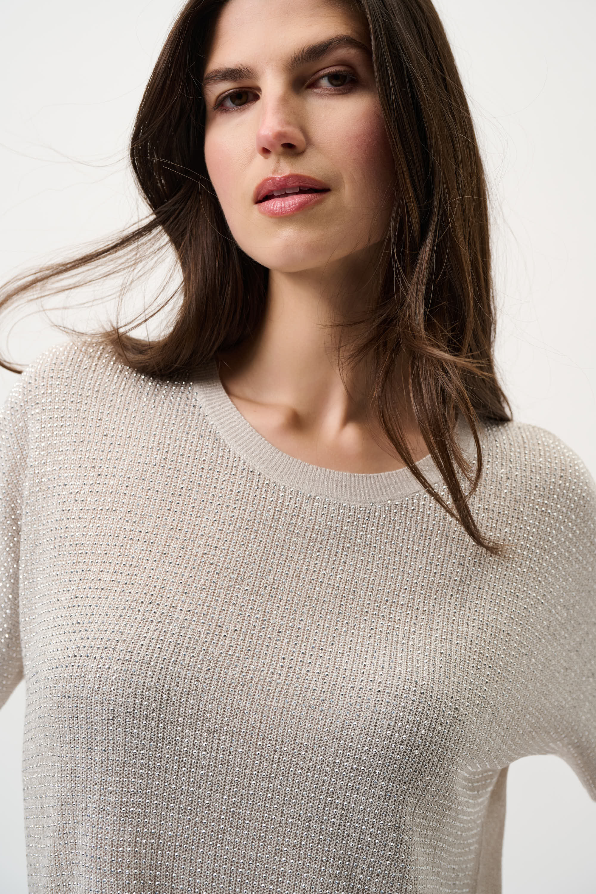 Stylish metallic knit T-shirt with rhinestones, shimmer party outfit top