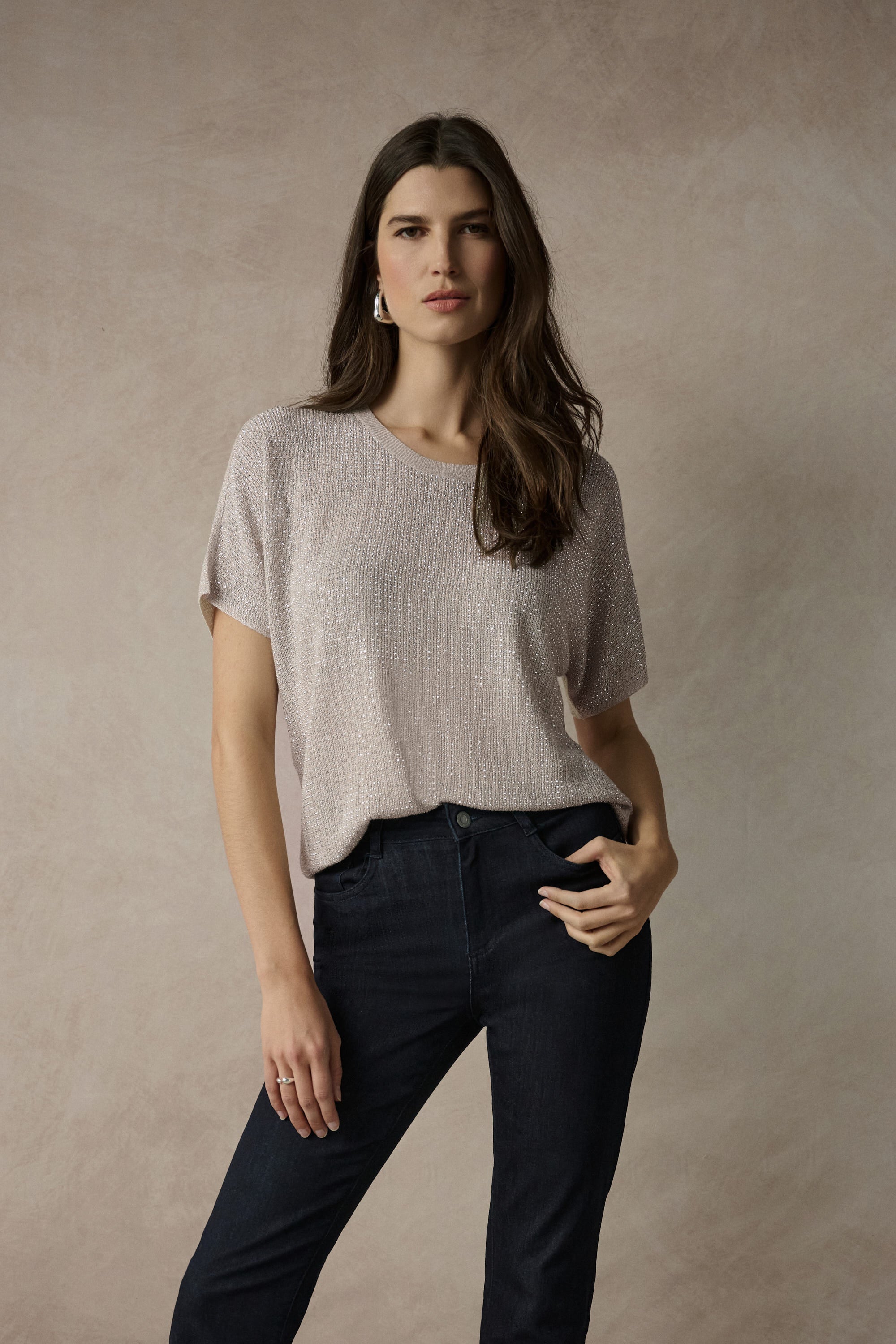 Trendy sparkle knit top with metallic shine and rhinestone accents for women