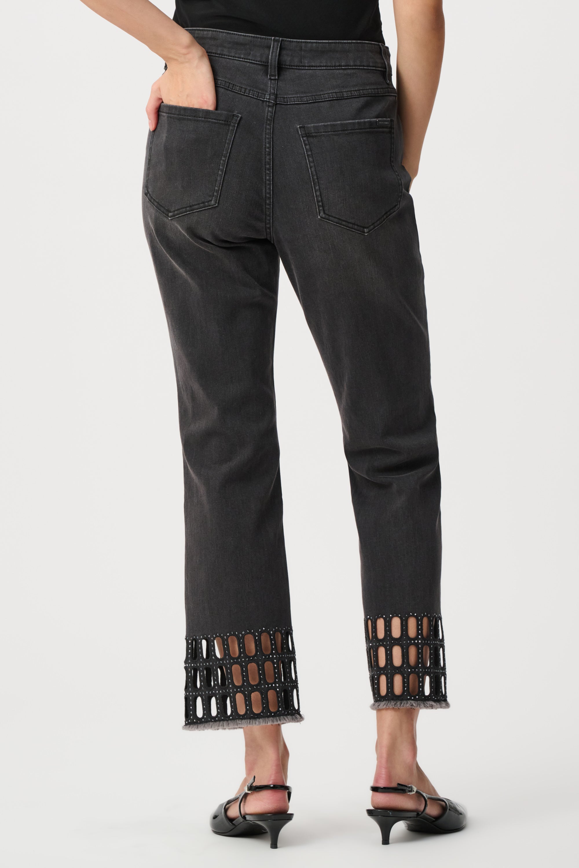 Black straight jeans with cut-out hem back view
