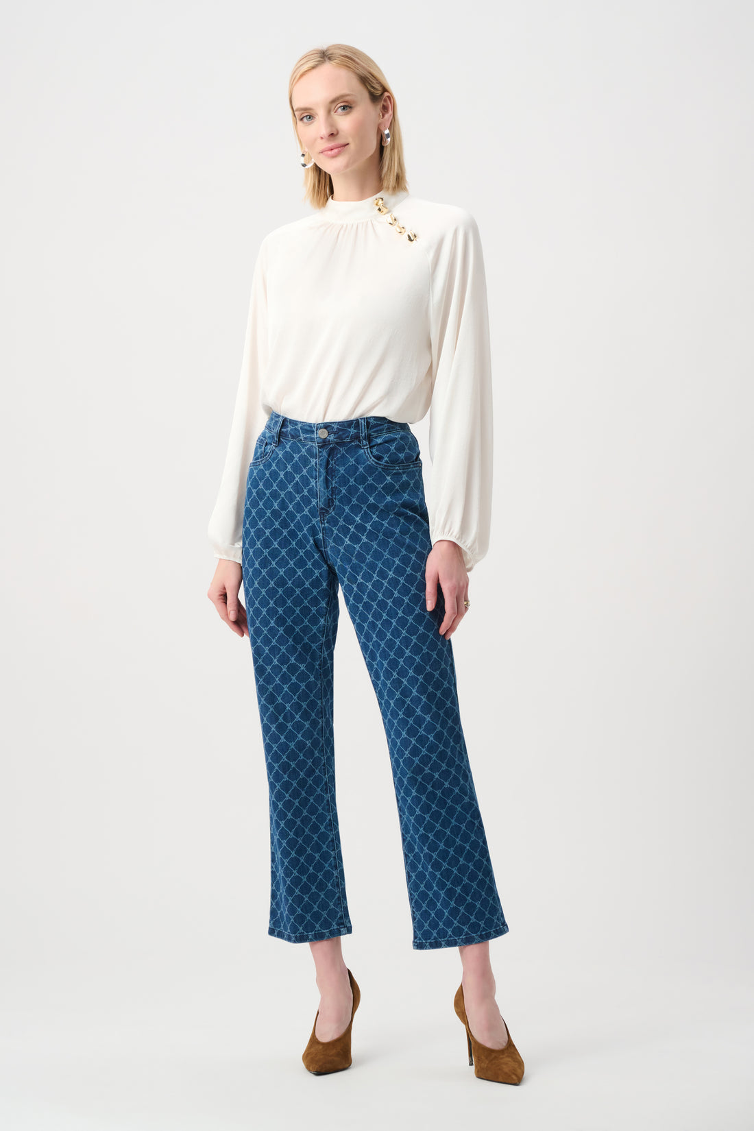 Women’s blue geometric print straight leg denim jeans styled with white blouse