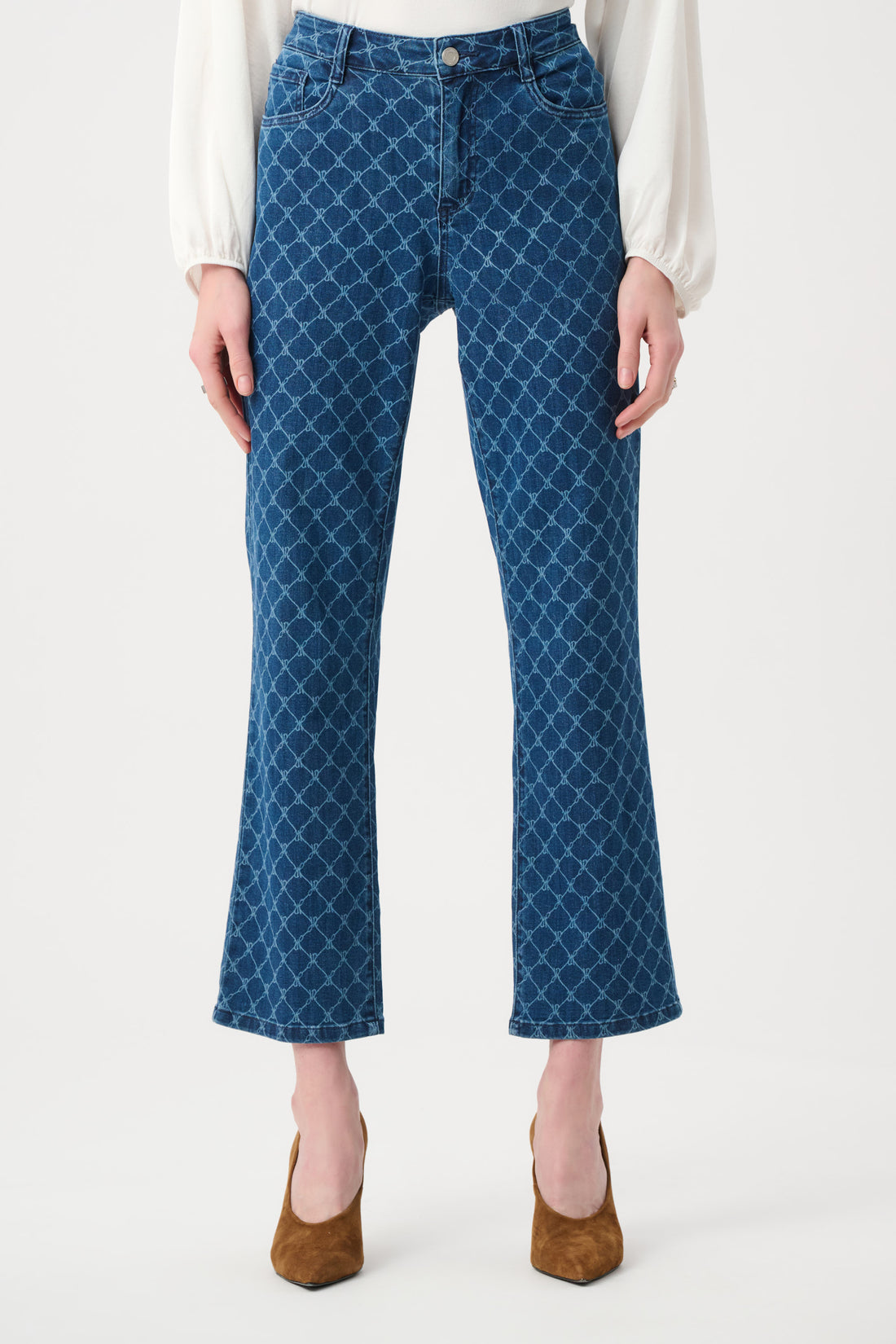 Women’s blue geometric print straight leg denim jeans styled with white blouse