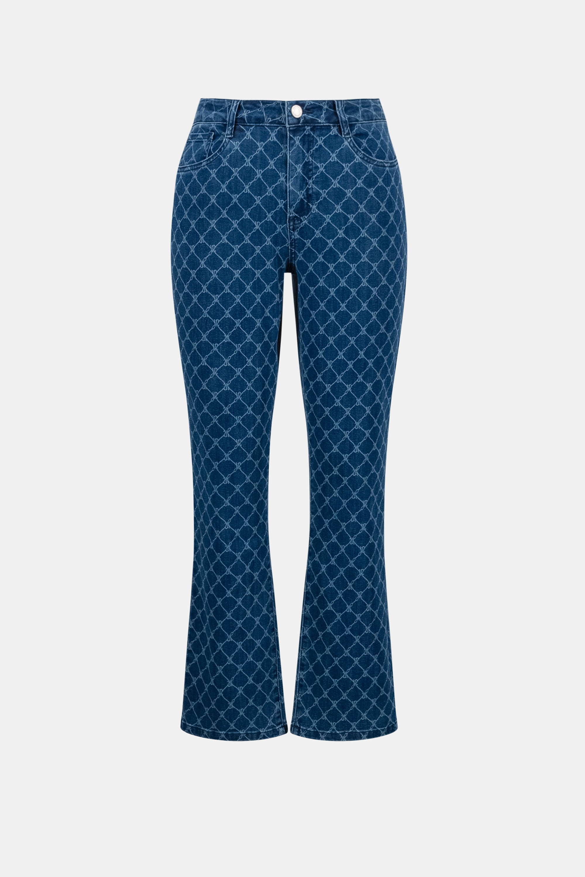 Blue geometric print denim jeans isolated on white background straight leg fit