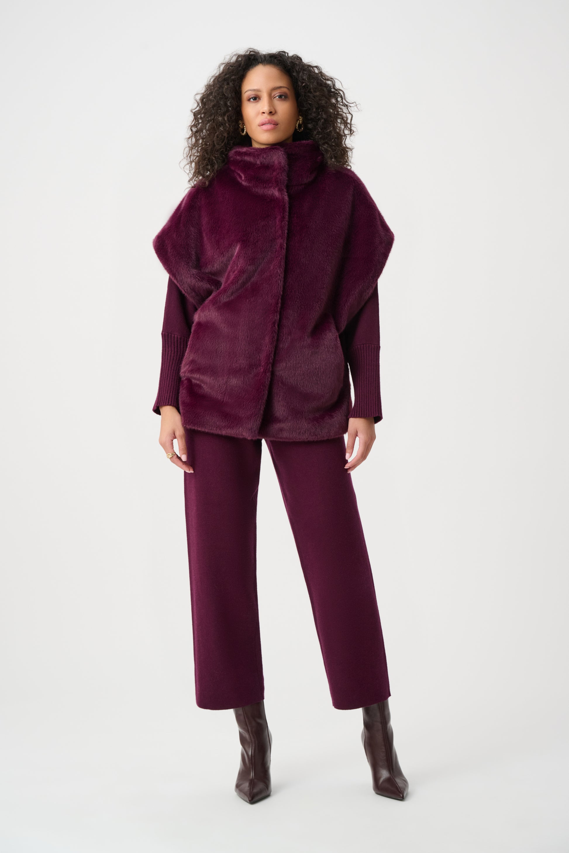 Burgundy faux fur funnel-neck boxy vest front view women Australia Showies Boutique