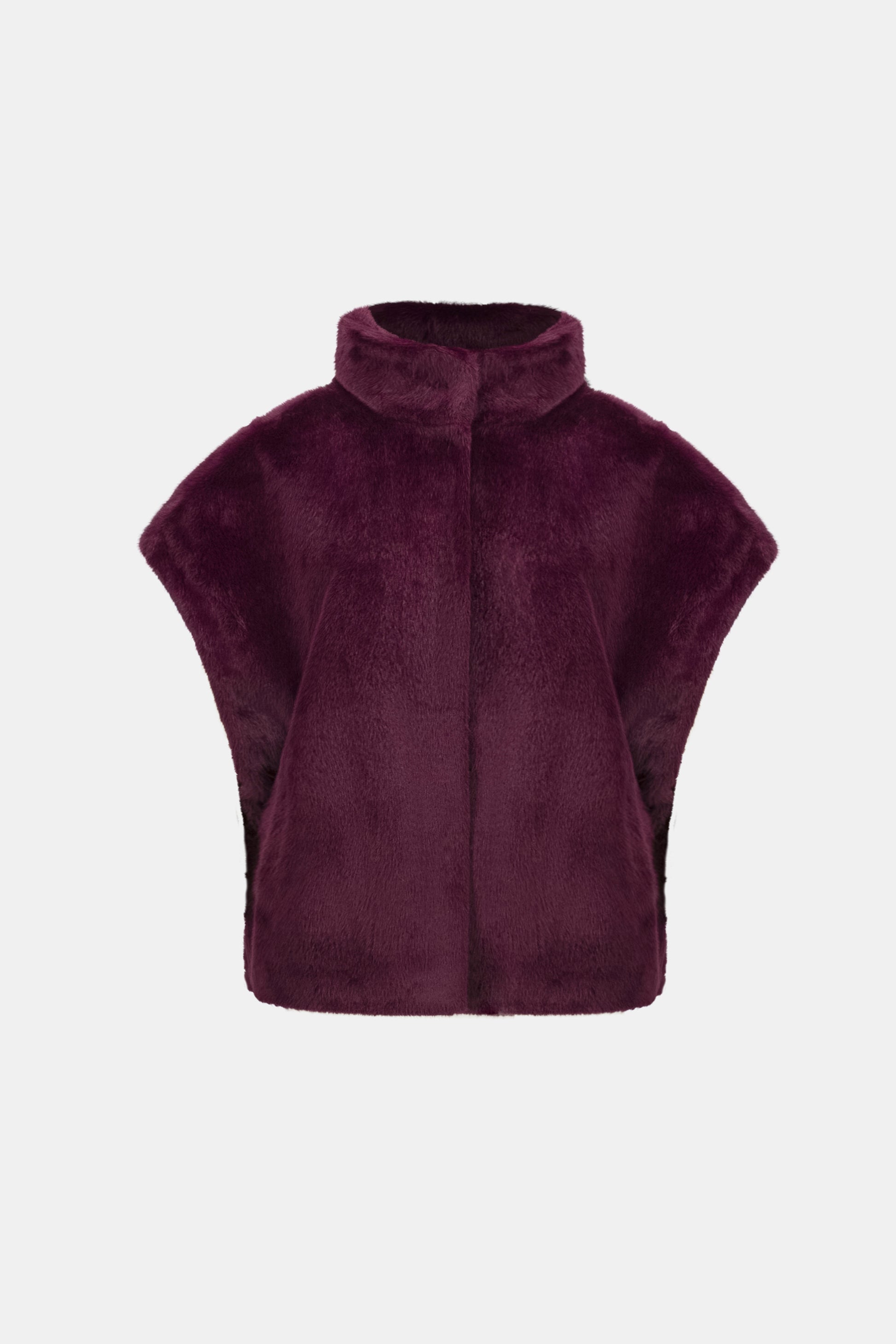 Burgundy faux fur funnel-neck vest product flat lay on white background