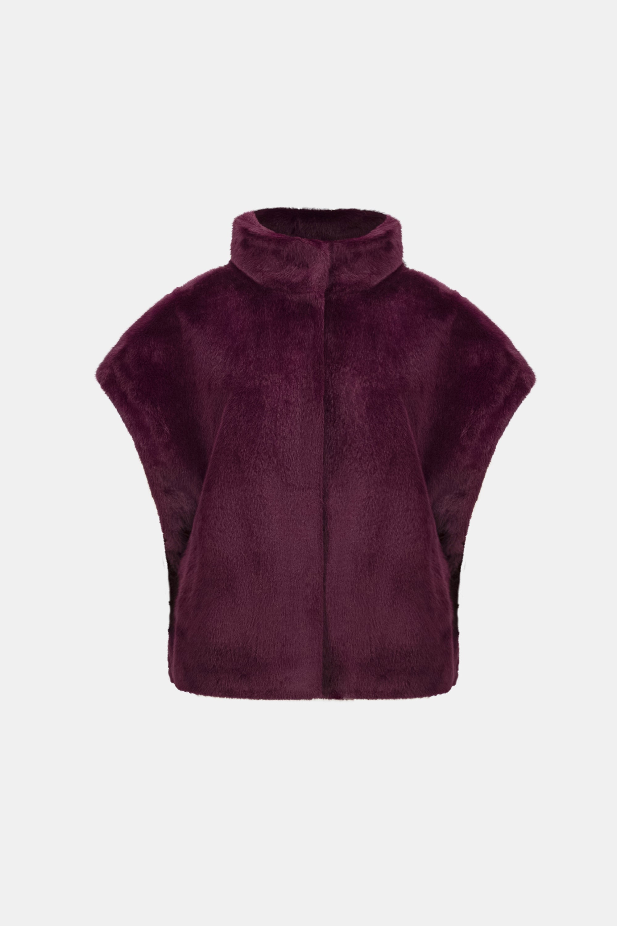 Burgundy faux fur funnel-neck vest product flat lay on white background
