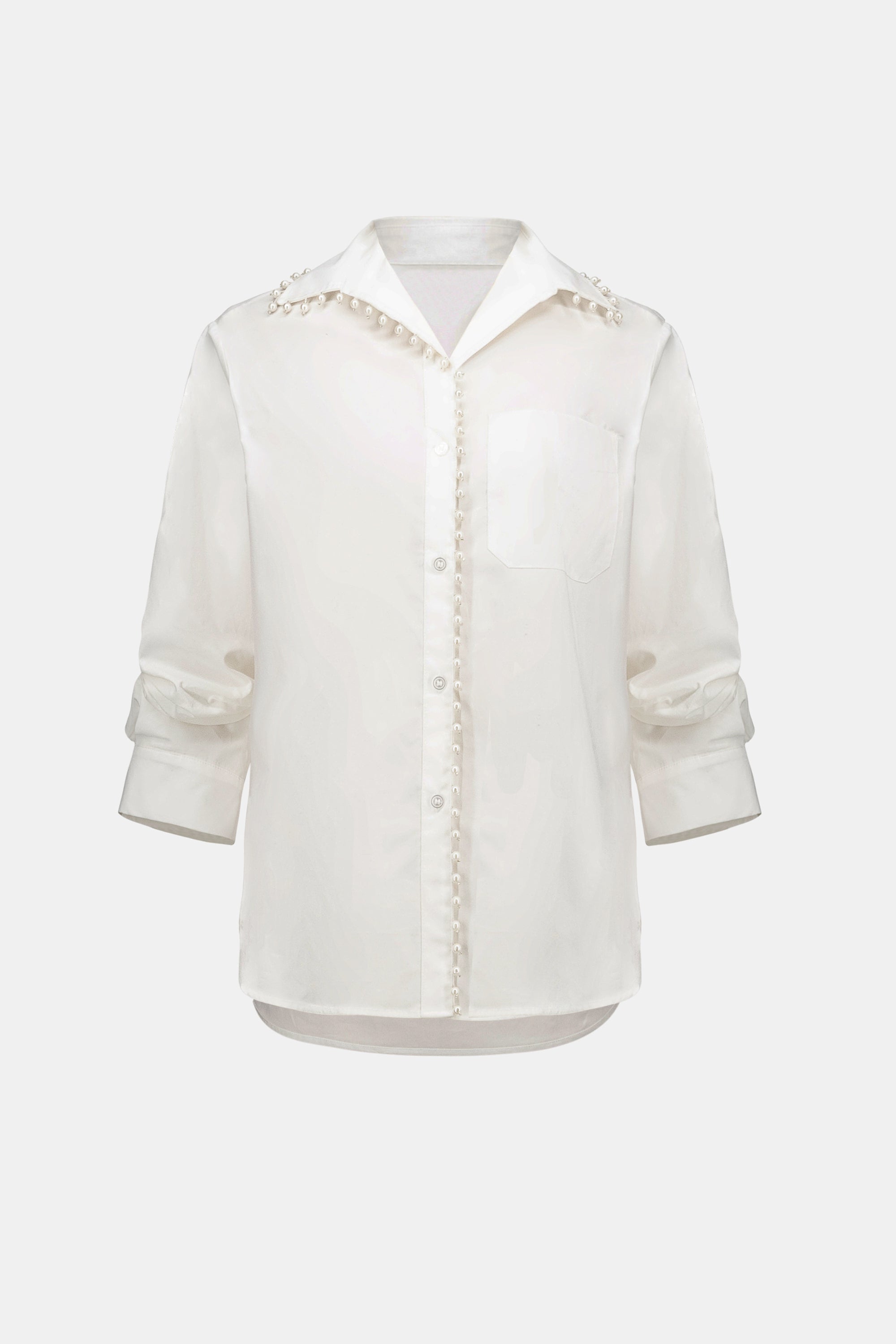 Cotton Poplin Pearl Trim Boxy Blouse