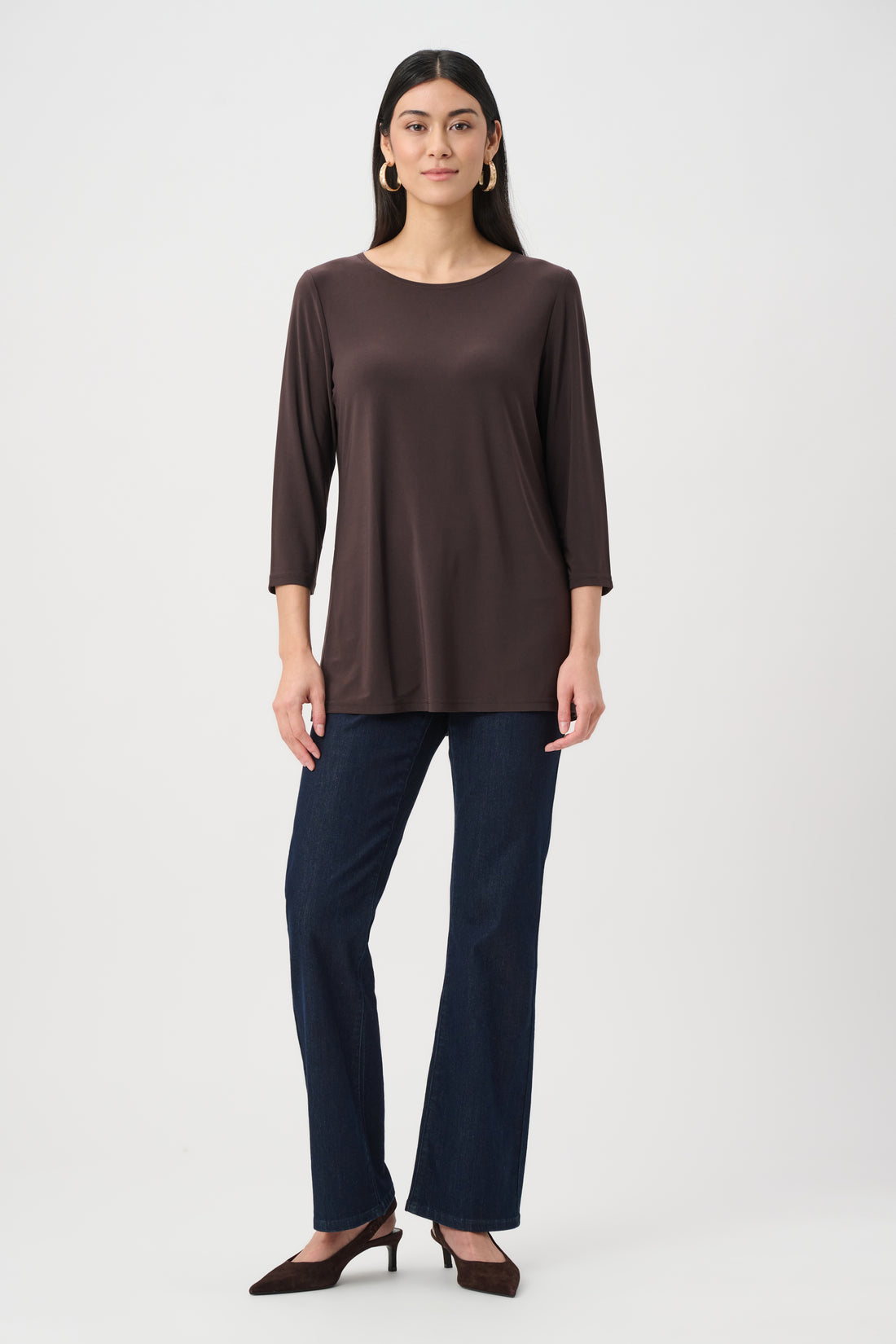 Elderberry Silky Knit Straight Tunic – Women’s Minimal 3/4 Sleeve Top Australia | Classic Everyday Tunic