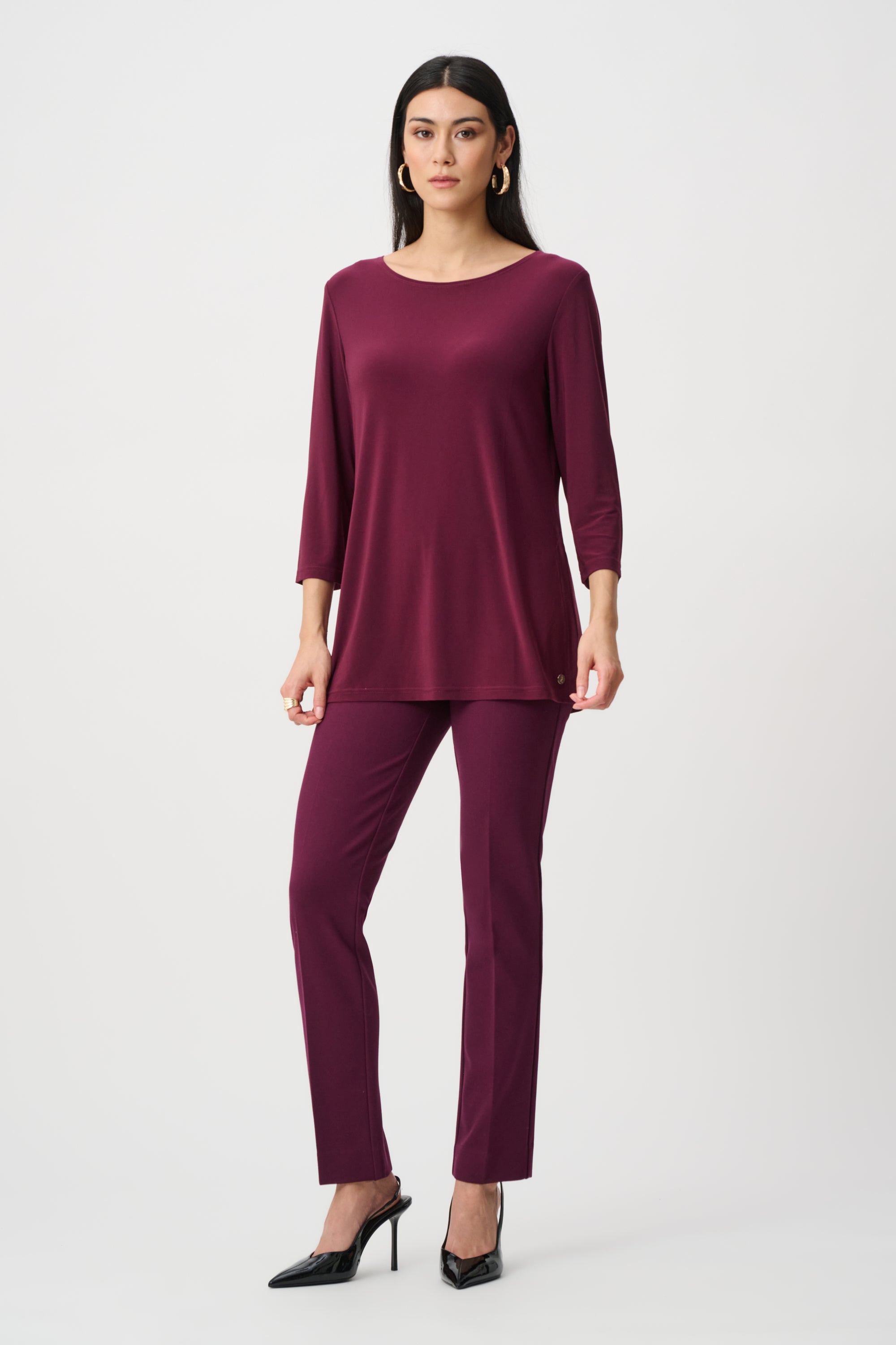 Elderberry Silky Knit Straight Tunic – Women’s Minimal 3/4 Sleeve Top Australia | Classic Everyday Tunic