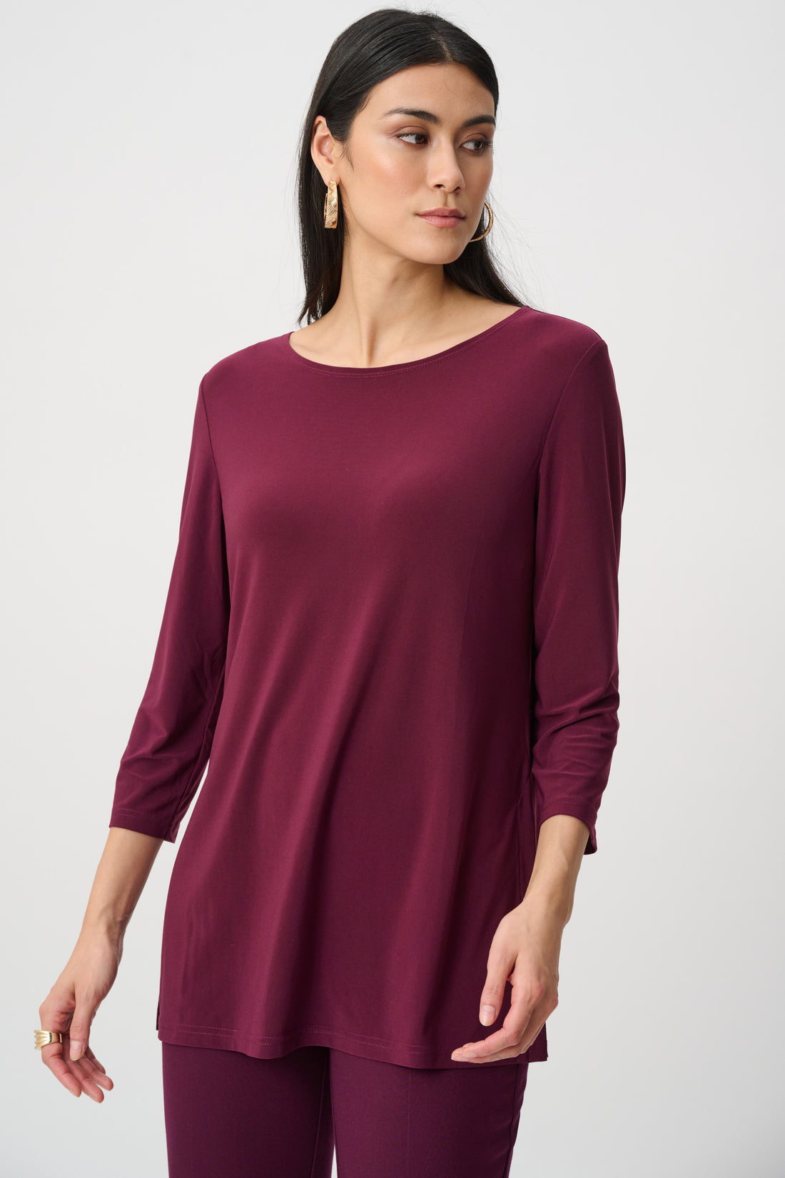 Elderberry Silky Knit Straight Tunic – Women’s Minimal 3/4 Sleeve Top Australia | Classic Everyday Tunic
