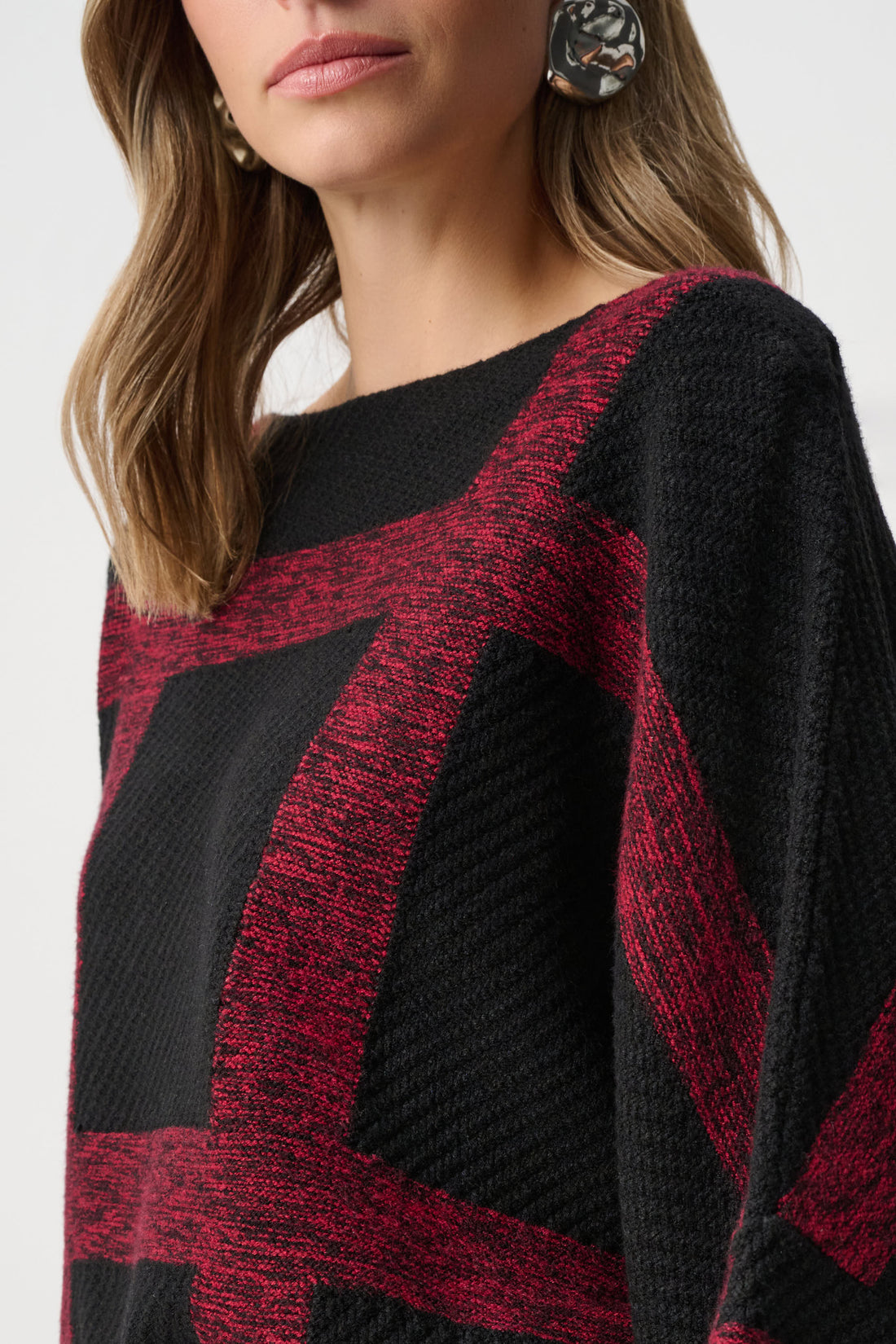 Brushed Viscose And Nylon Plaid Boat-Neck Sweater
