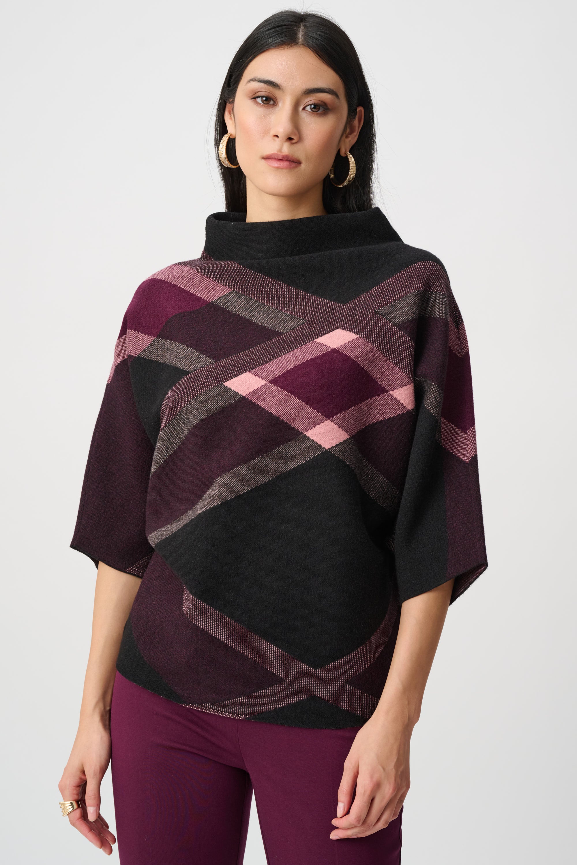 Brushed Viscose And Nylon Plaid Funnel-Neck Sweater | Elegant Plaid Knit Sweater Australia