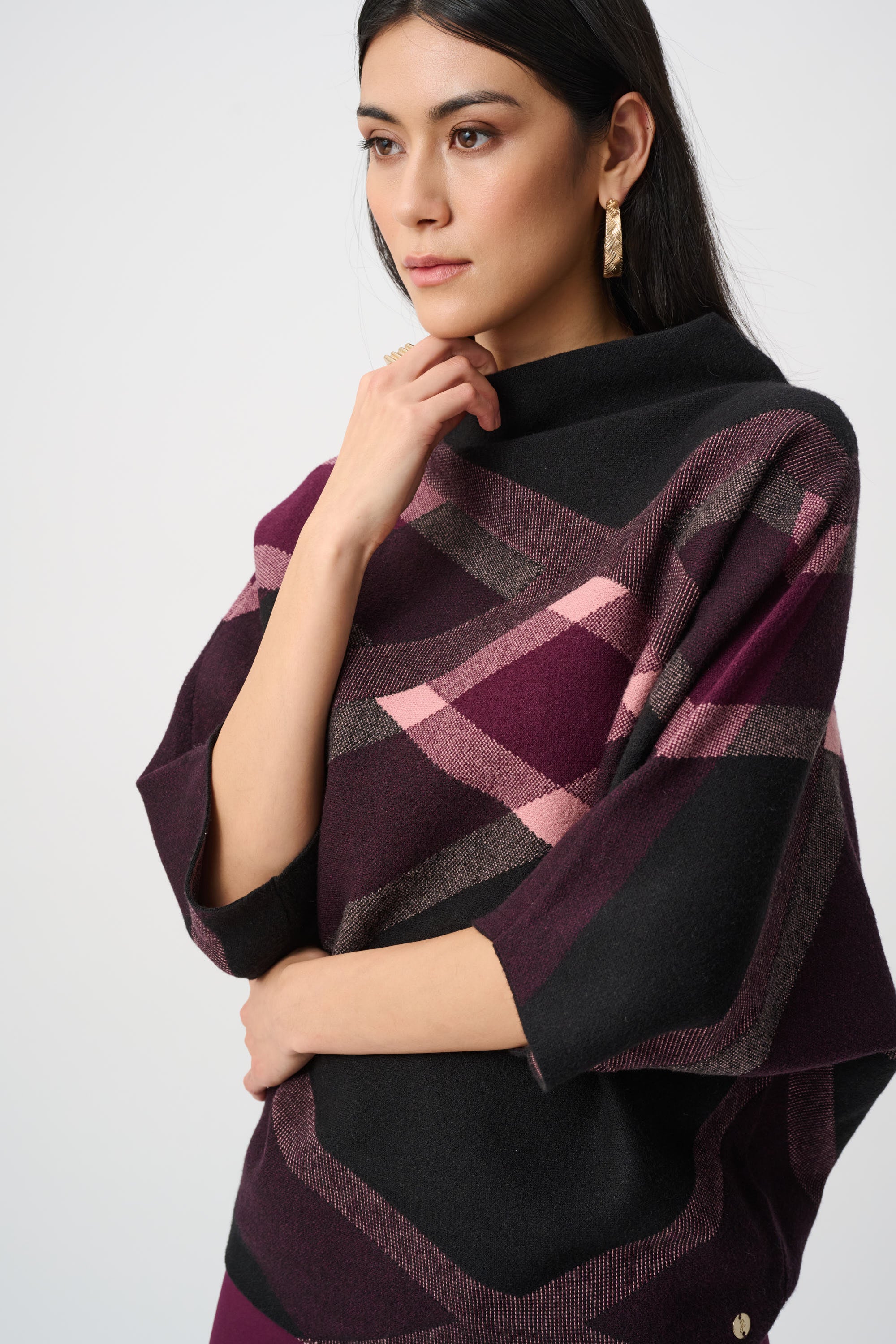 Brushed Viscose And Nylon Plaid Funnel-Neck Sweater | Elegant Plaid Knit Sweater Australia