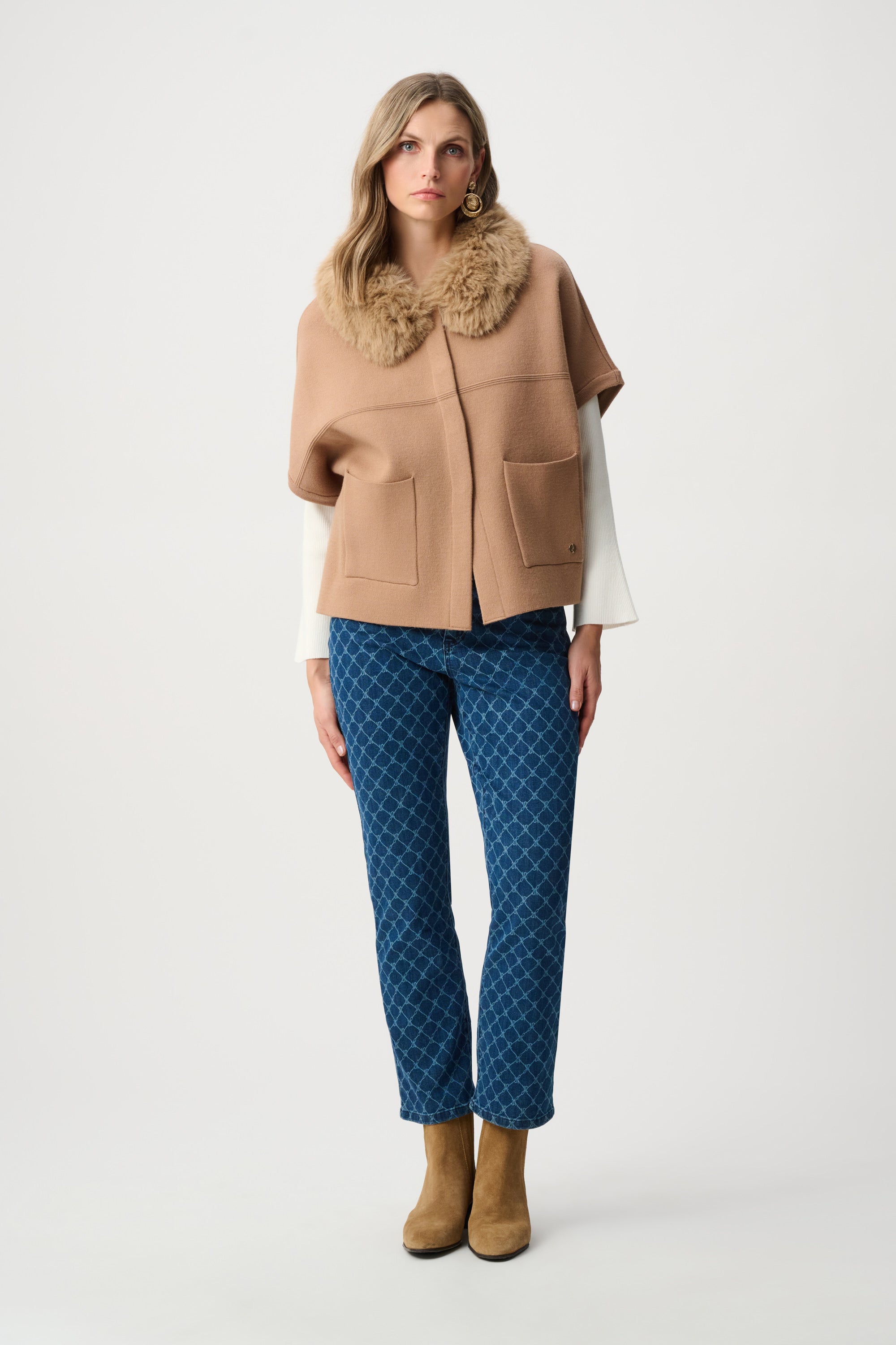 Beige short sleeve sweater jacket with detachable faux fur collar and patch pockets Australia Showies Boutique