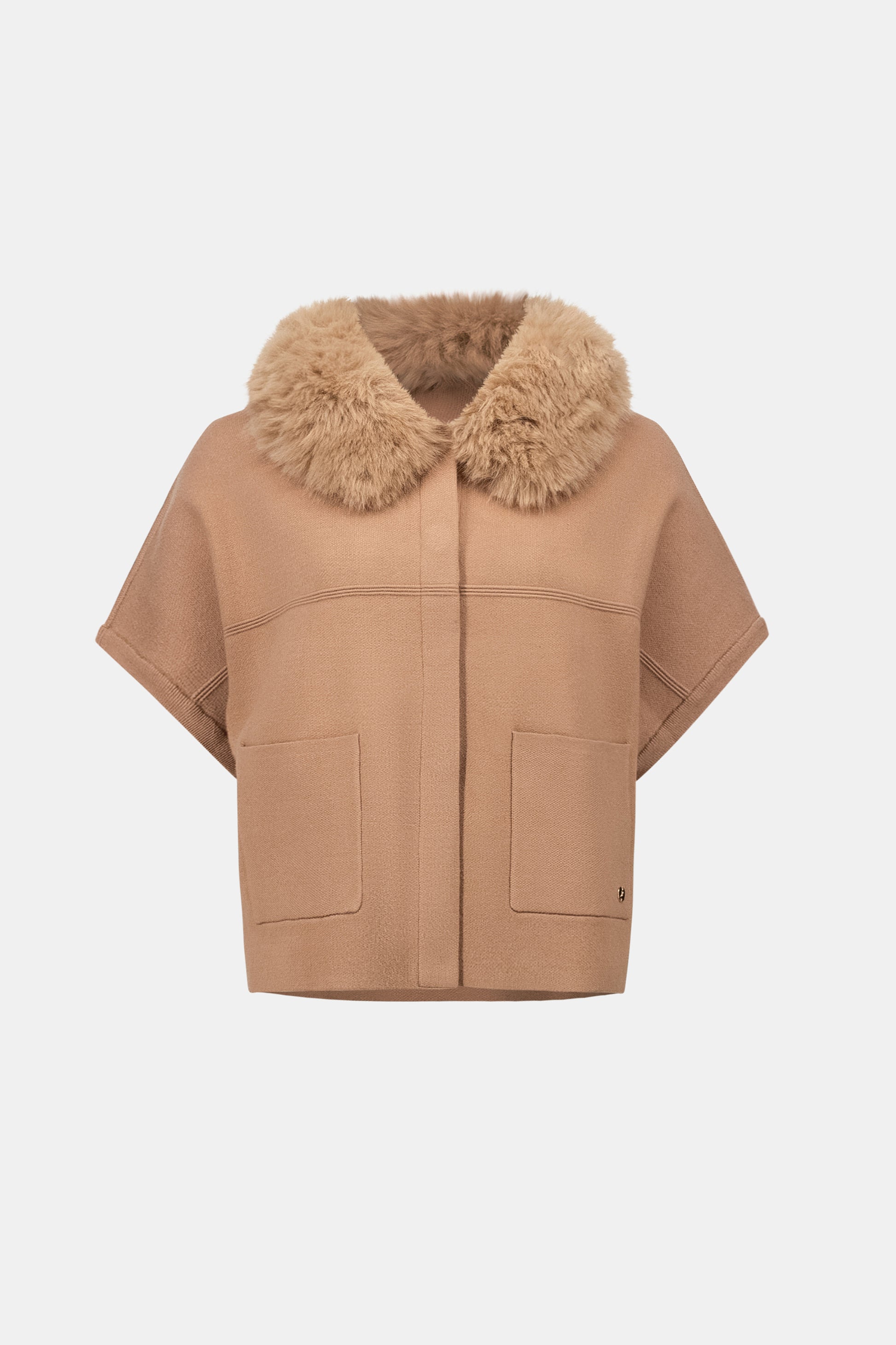 Close-up of detachable faux fur collar and patch pockets on beige sweater jacket Australia