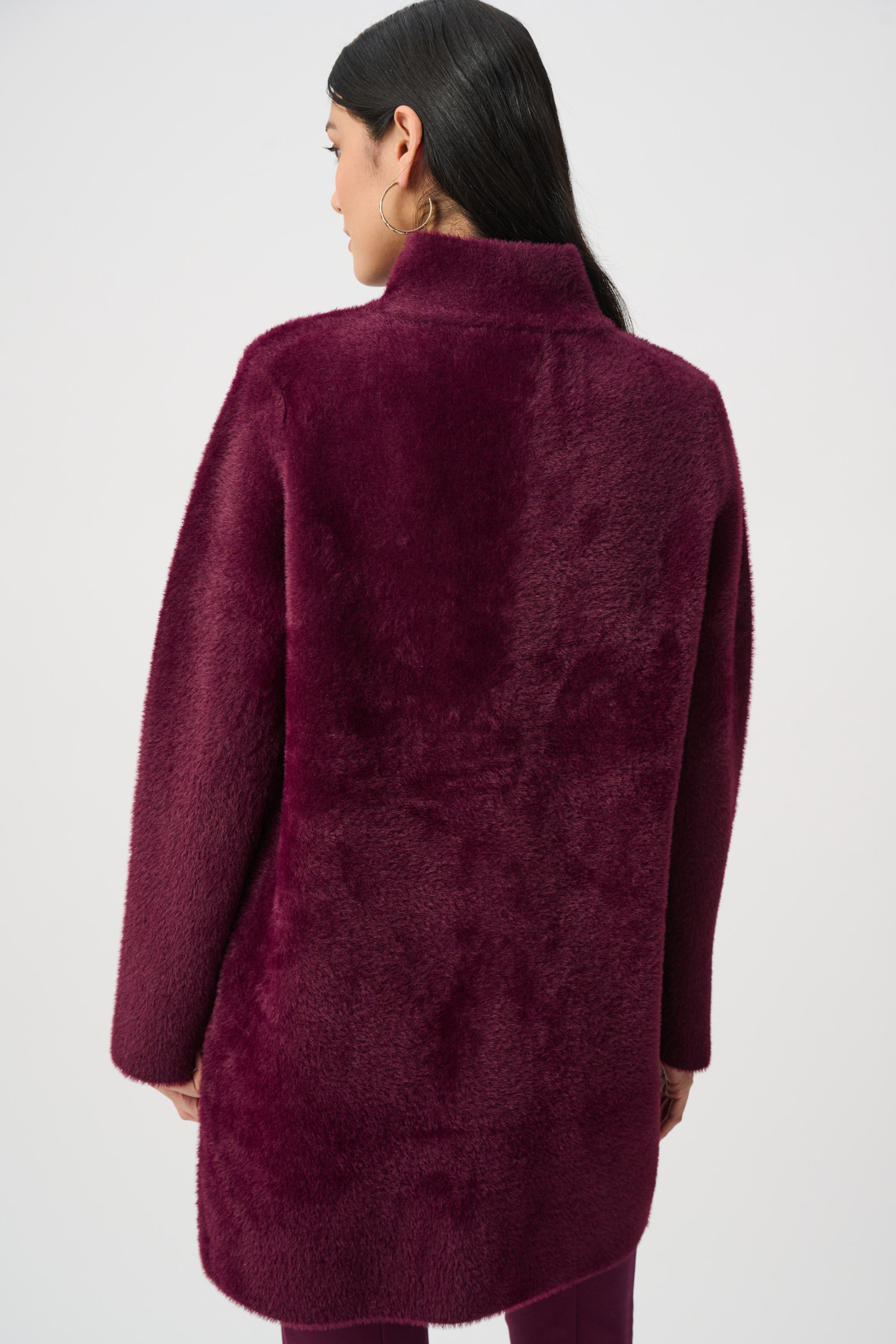 Back view burgundy winter coat mid length structured fit