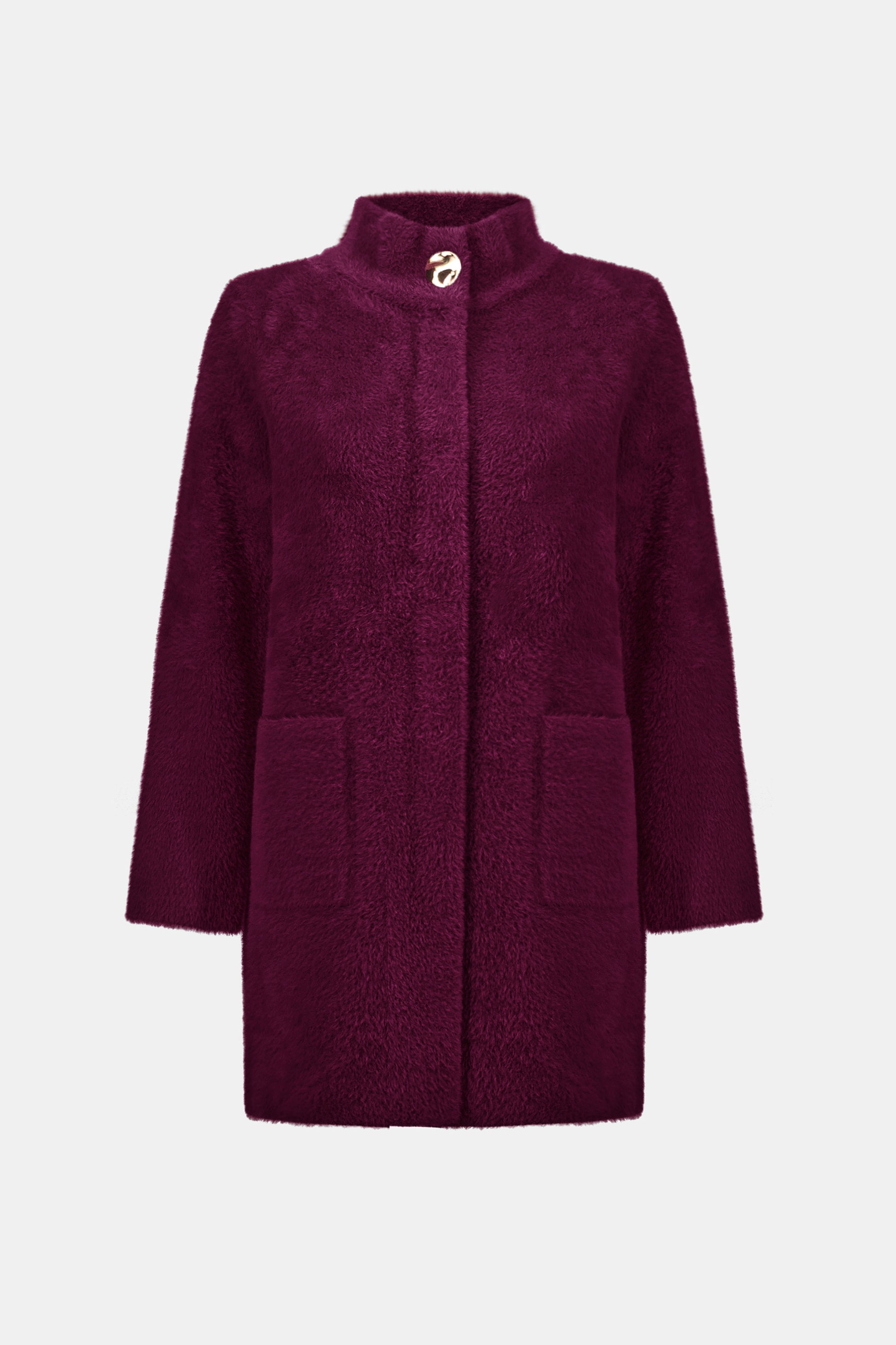 Burgundy mock neck coat product only front view studio