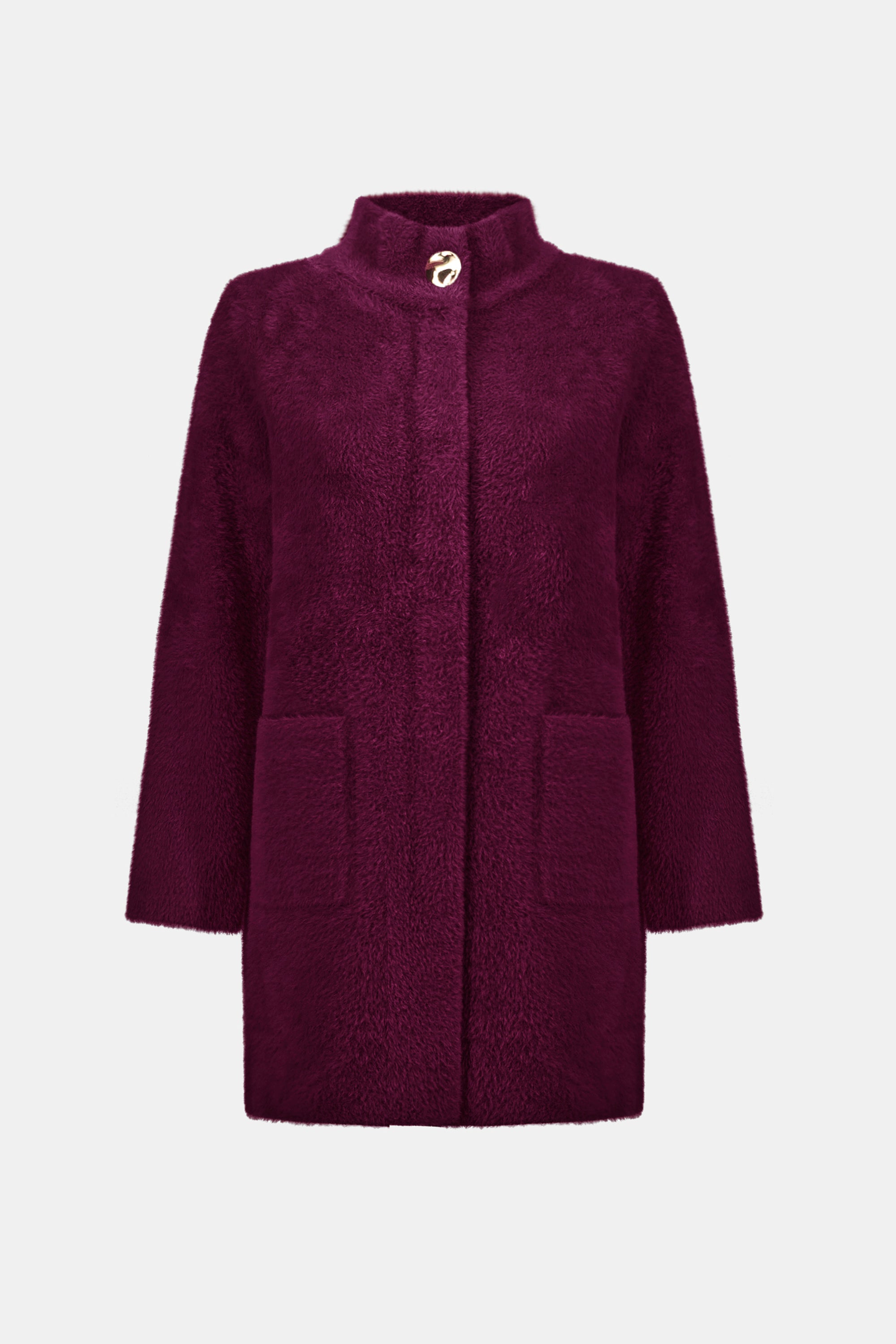 Burgundy mock neck coat product only front view studio
