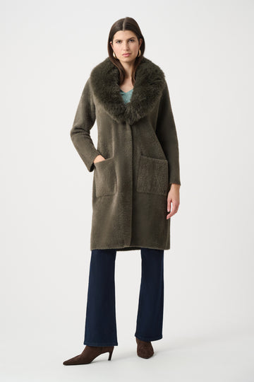 Front view of beige short sleeve coat with faux fur collar on white background