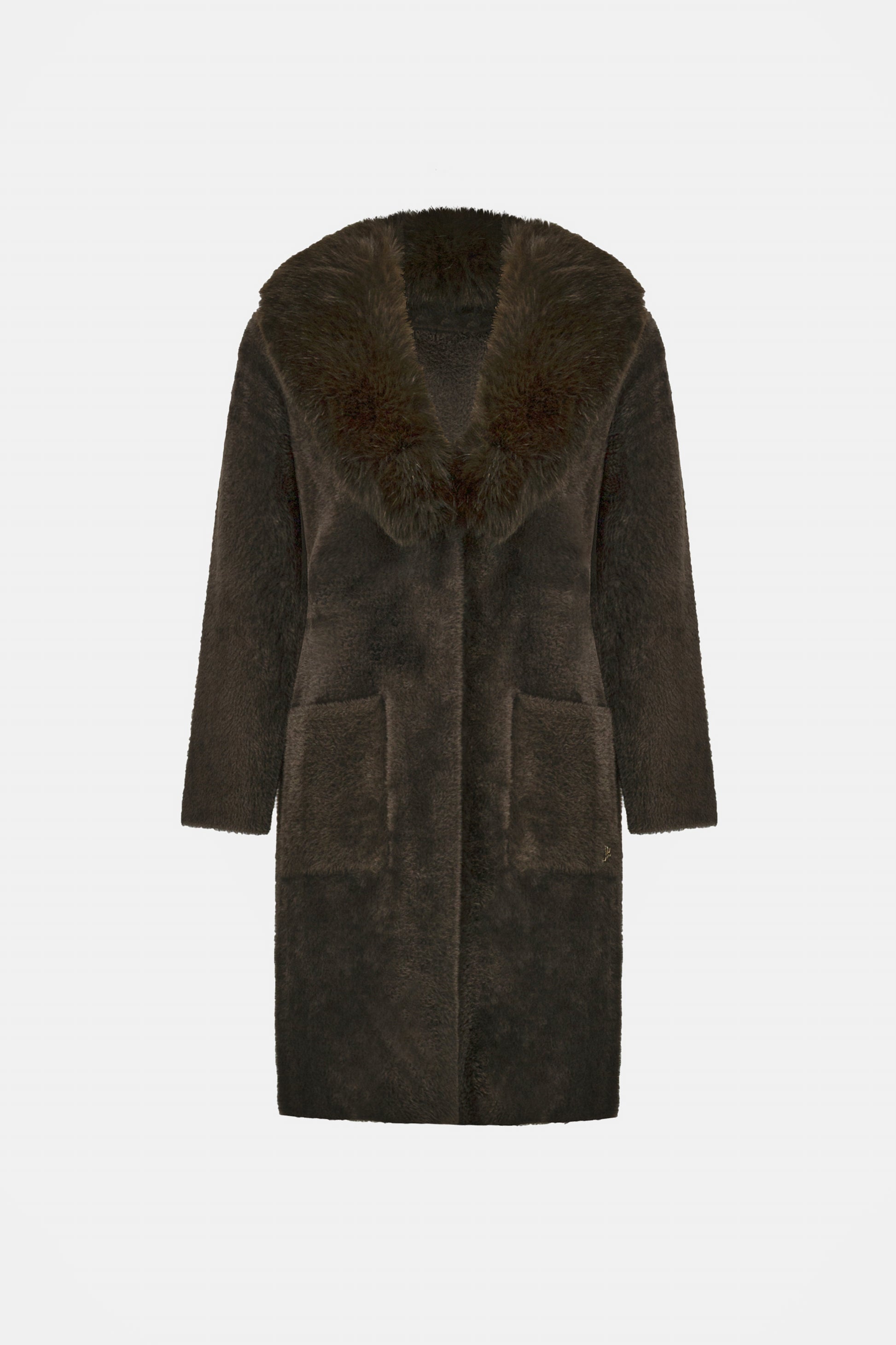 Back view of beige short sleeve coat with fur collar on white background