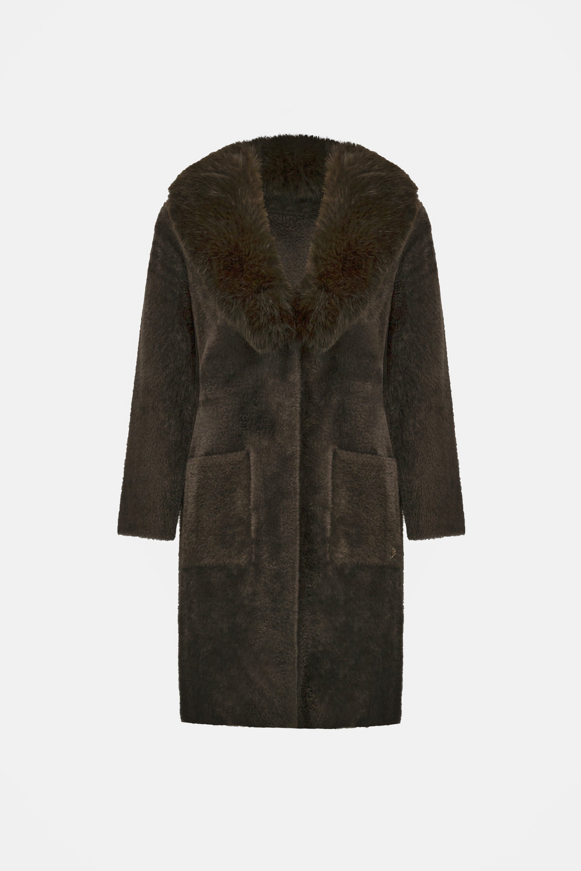 Back view of beige short sleeve coat with fur collar on white background