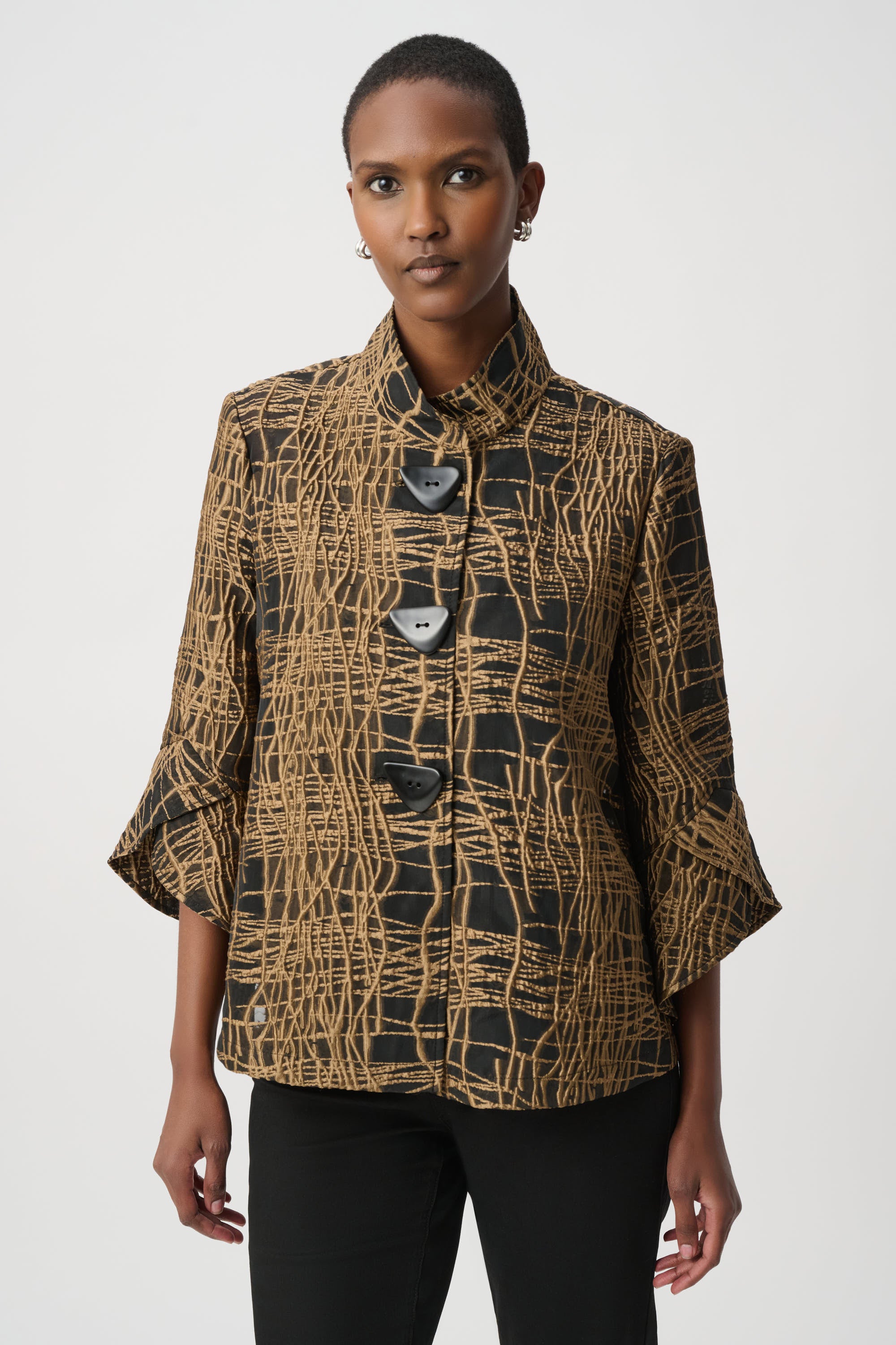 Black and tan abstract patterned cropped jacket women Adelaide Showies Boutique