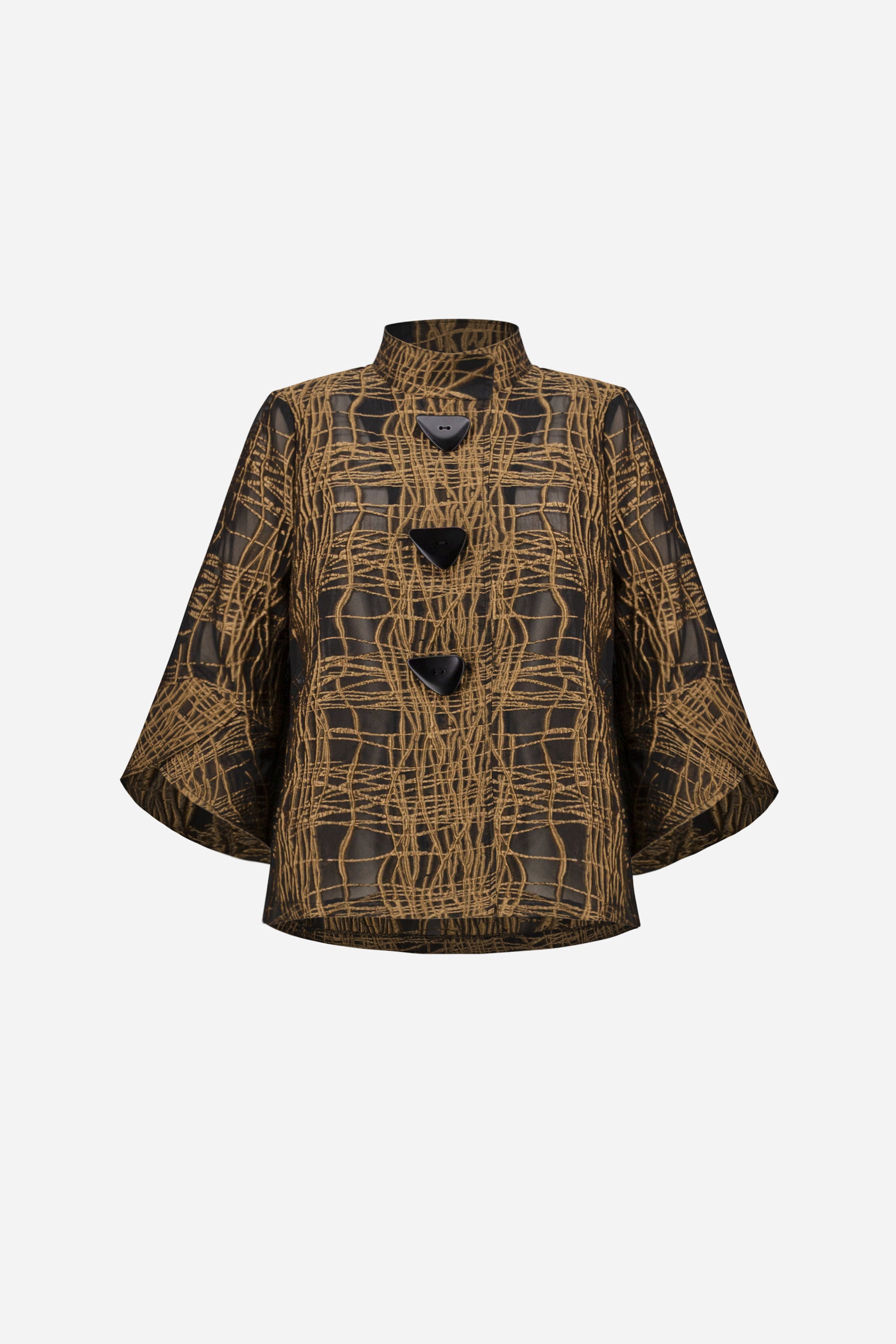 Black and tan abstract patterned cropped jacket front view