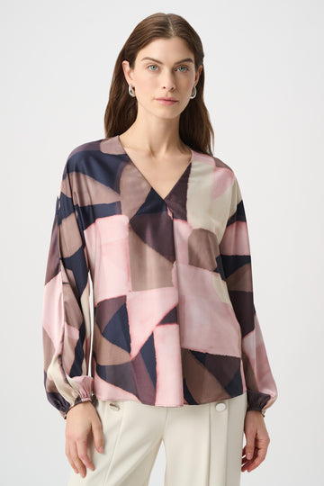 Abstract Print V-Neck Blouse with Elegant Balloon Sleeves