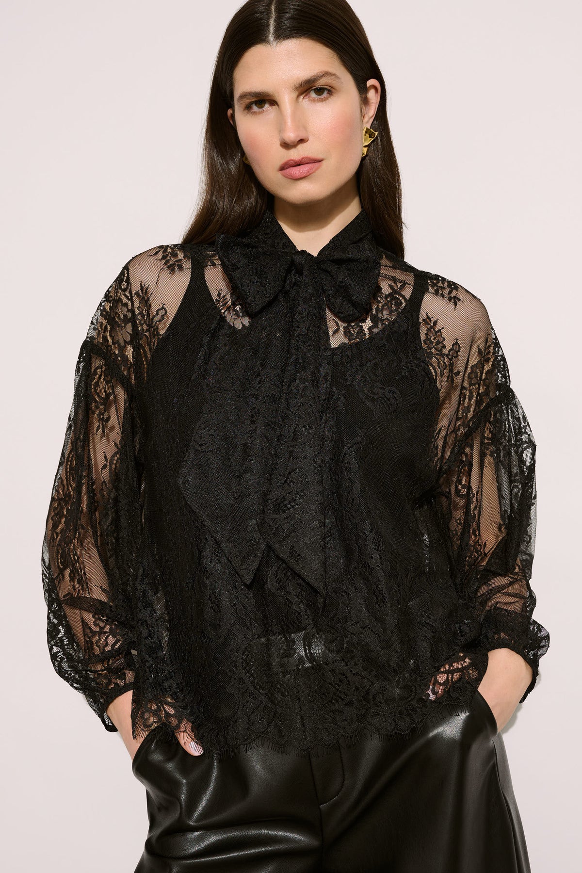 Black Floral Lace Bow Neck Top
