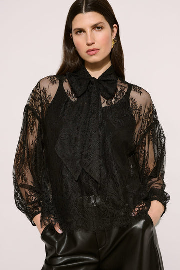 Black Floral Lace Bow Neck Top