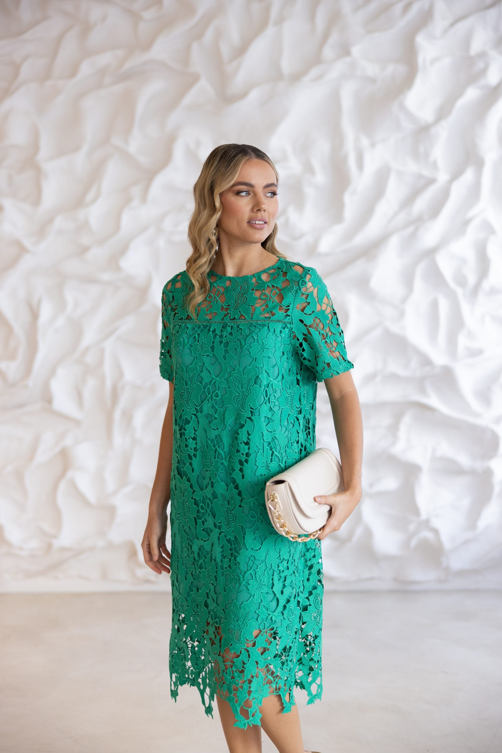 Feminine emerald lace evening dress