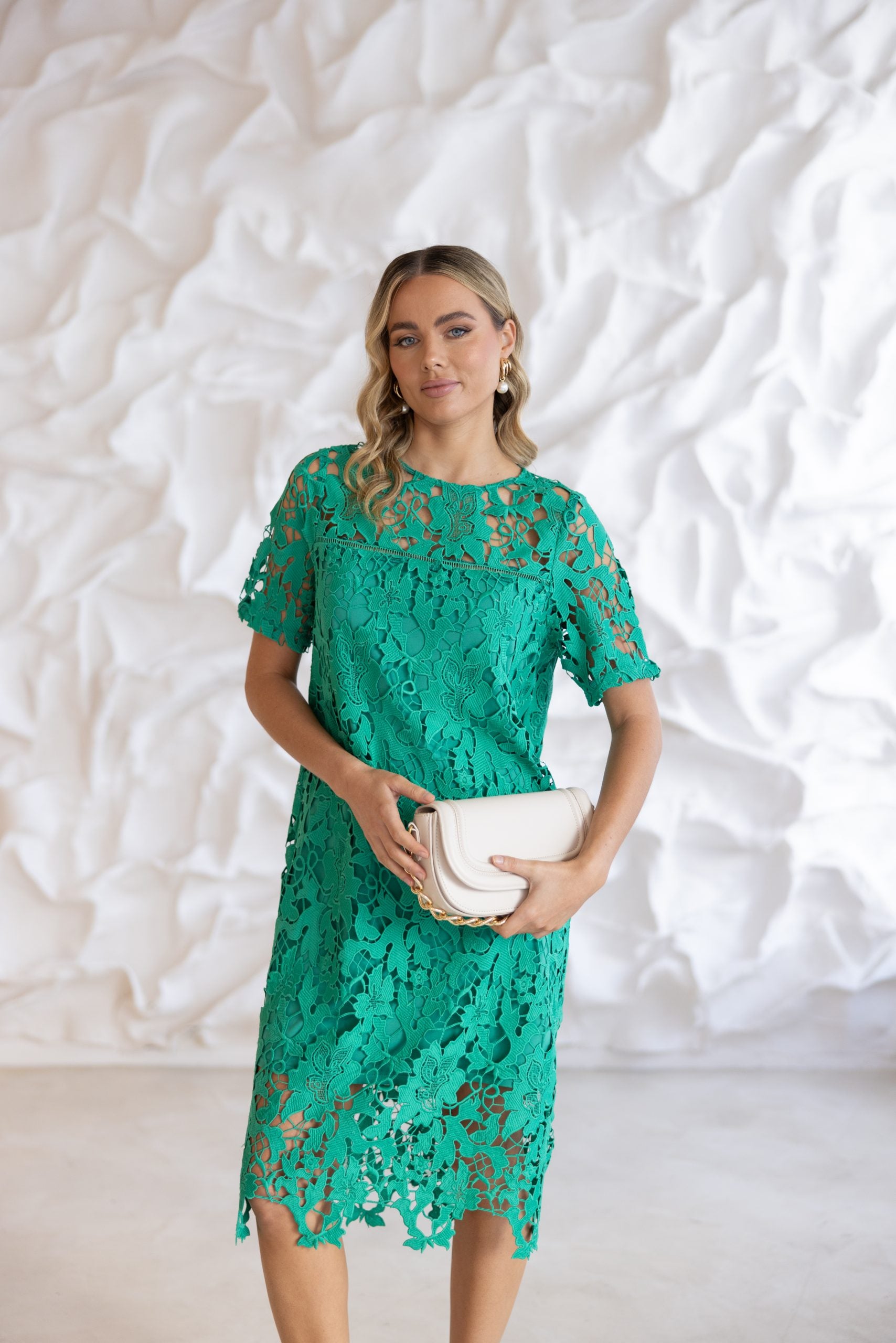 Designer guipure lace midi dress