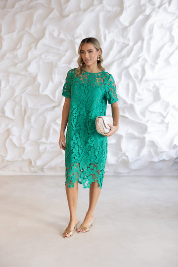 Emerald guipure lace occasion dress