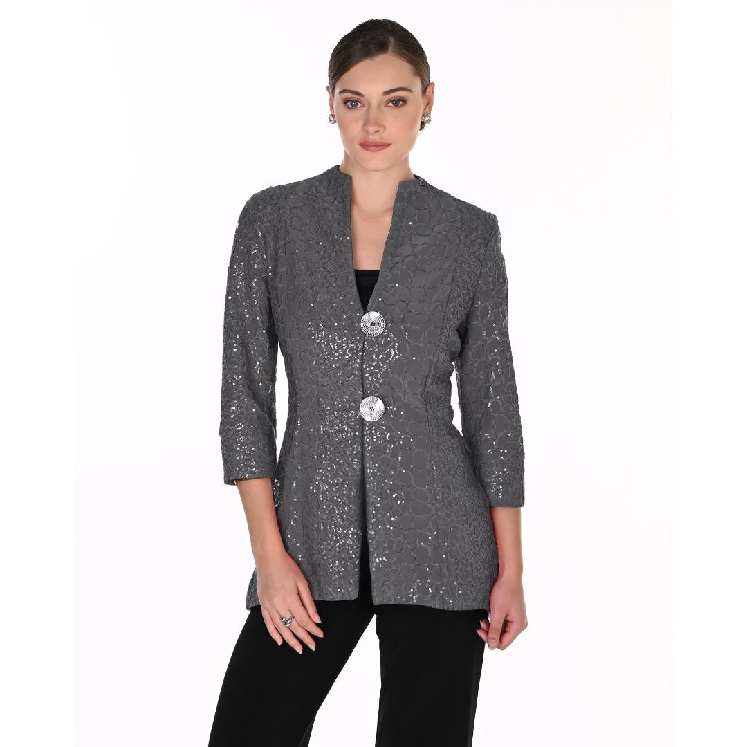 Dark Grey Sequin Textured Longline Jacket | Elegant Sequin Blazer Australia