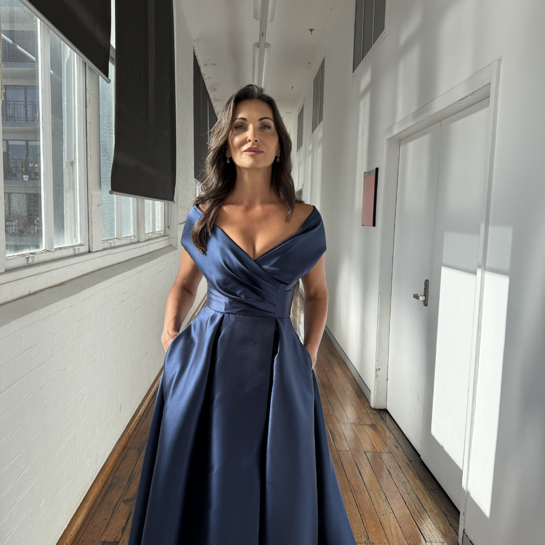 Eloisa Off Shoulder Gown Navy | Inverted Pleat Satin Formal Dress Australia