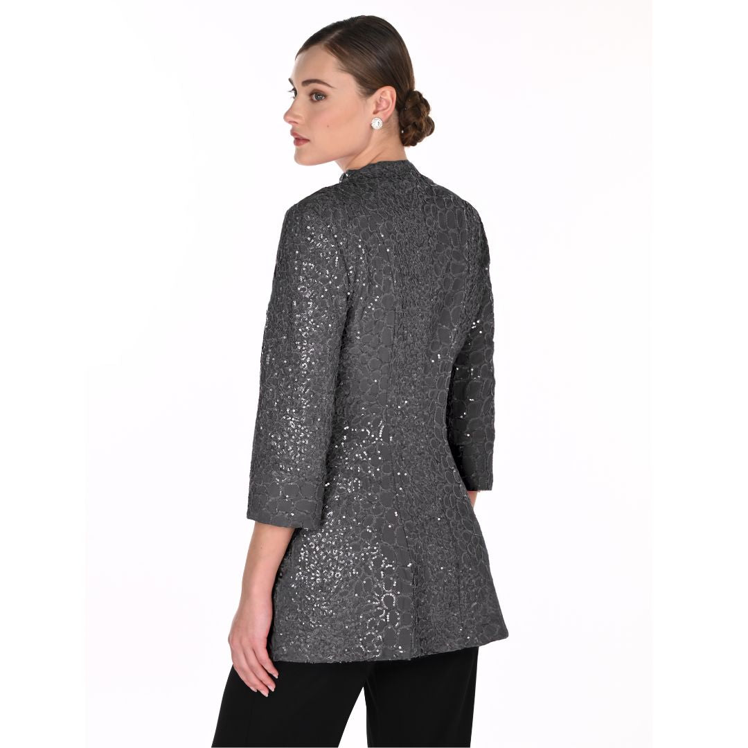 Dark Grey Sequin Textured Longline Jacket | Elegant Sequin Blazer Australia
