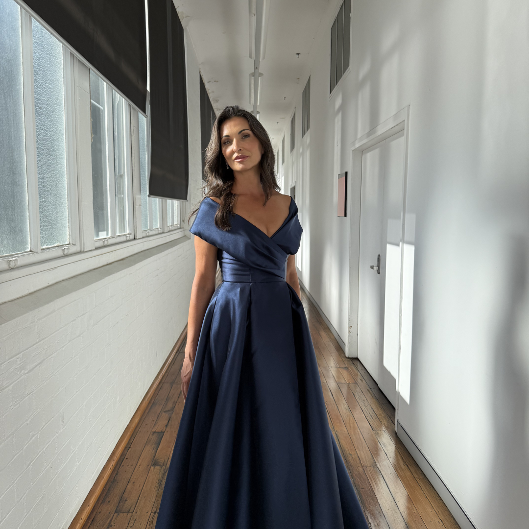 Eloisa Off Shoulder Gown Navy | Inverted Pleat Satin Formal Dress Australia