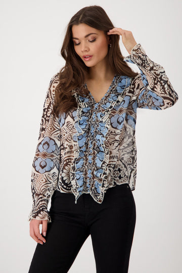 V-Neck Patterned Frill Blouse | Women’s Printed Blouse Australia