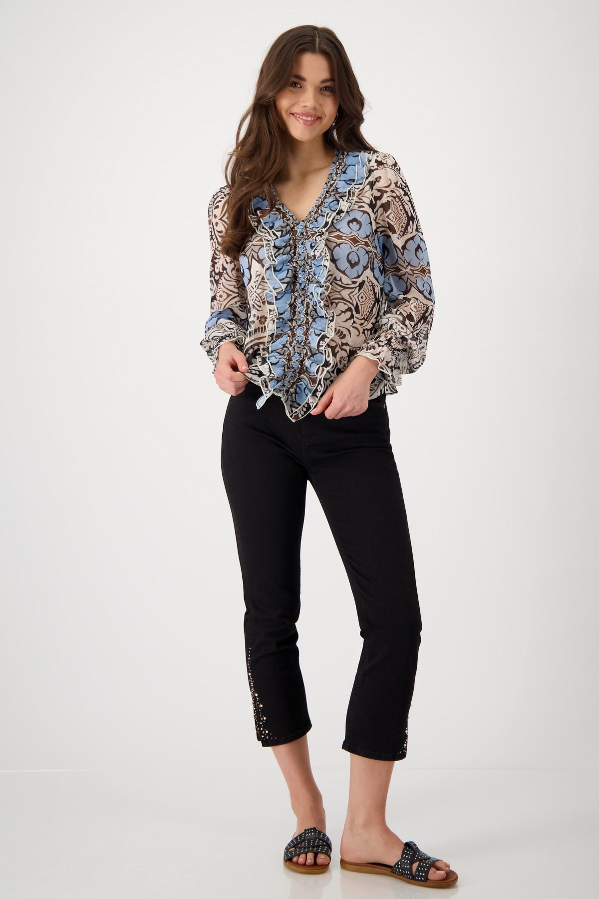 V-Neck Patterned Frill Blouse | Women’s Printed Blouse Australia