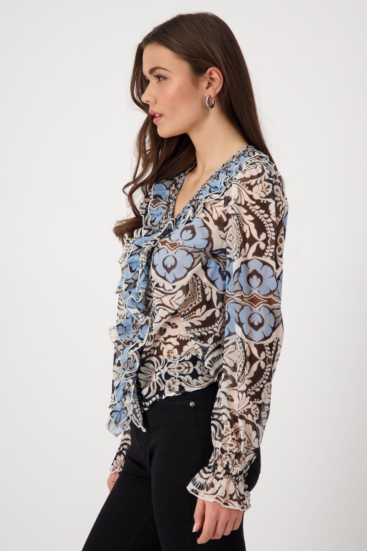 V-Neck Patterned Frill Blouse | Women’s Printed Blouse Australia