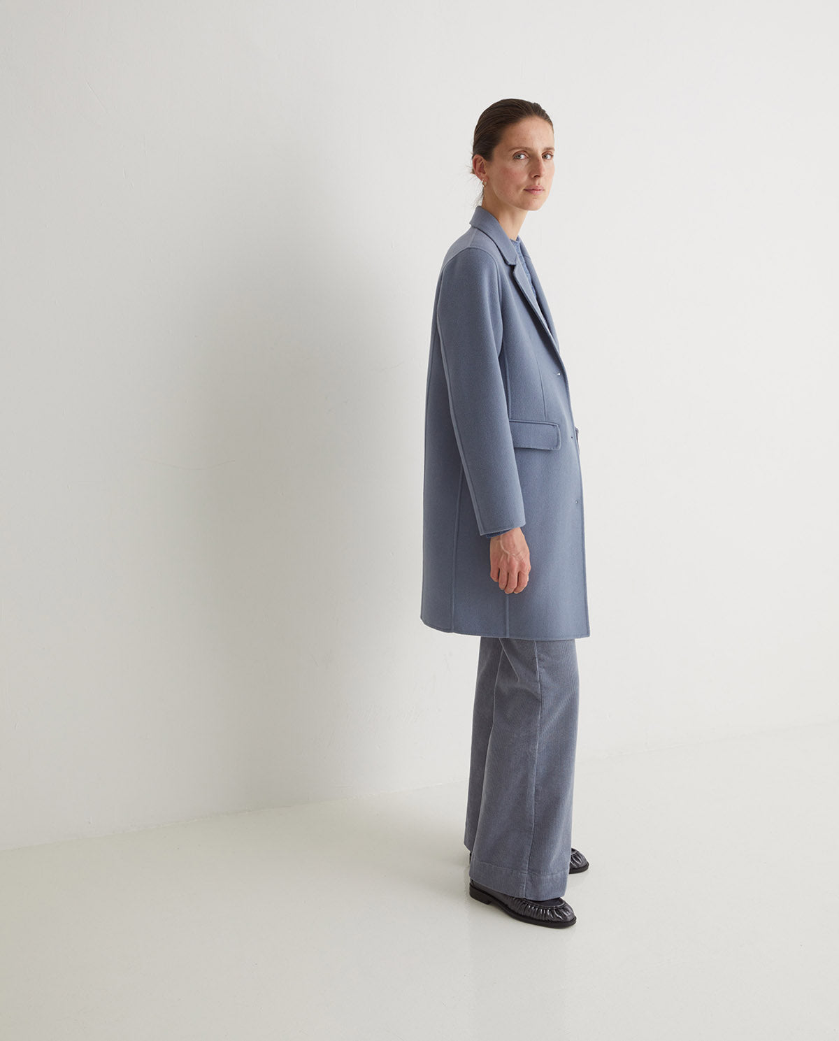 Women’s blue wool coat midi length handmade style