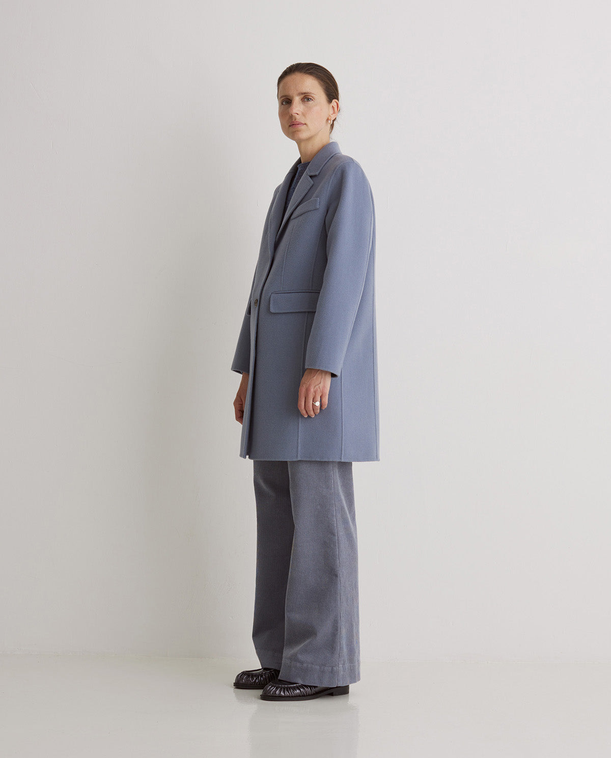 Blue wool blend midi coat stylish winter outfit