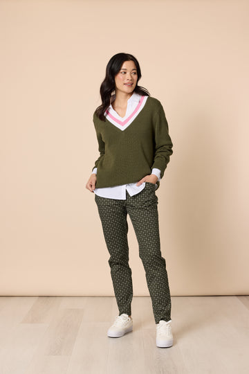 Khaki V Neck Knit Jumper with Pink White Trim | Cotton Layering Sweater Australia