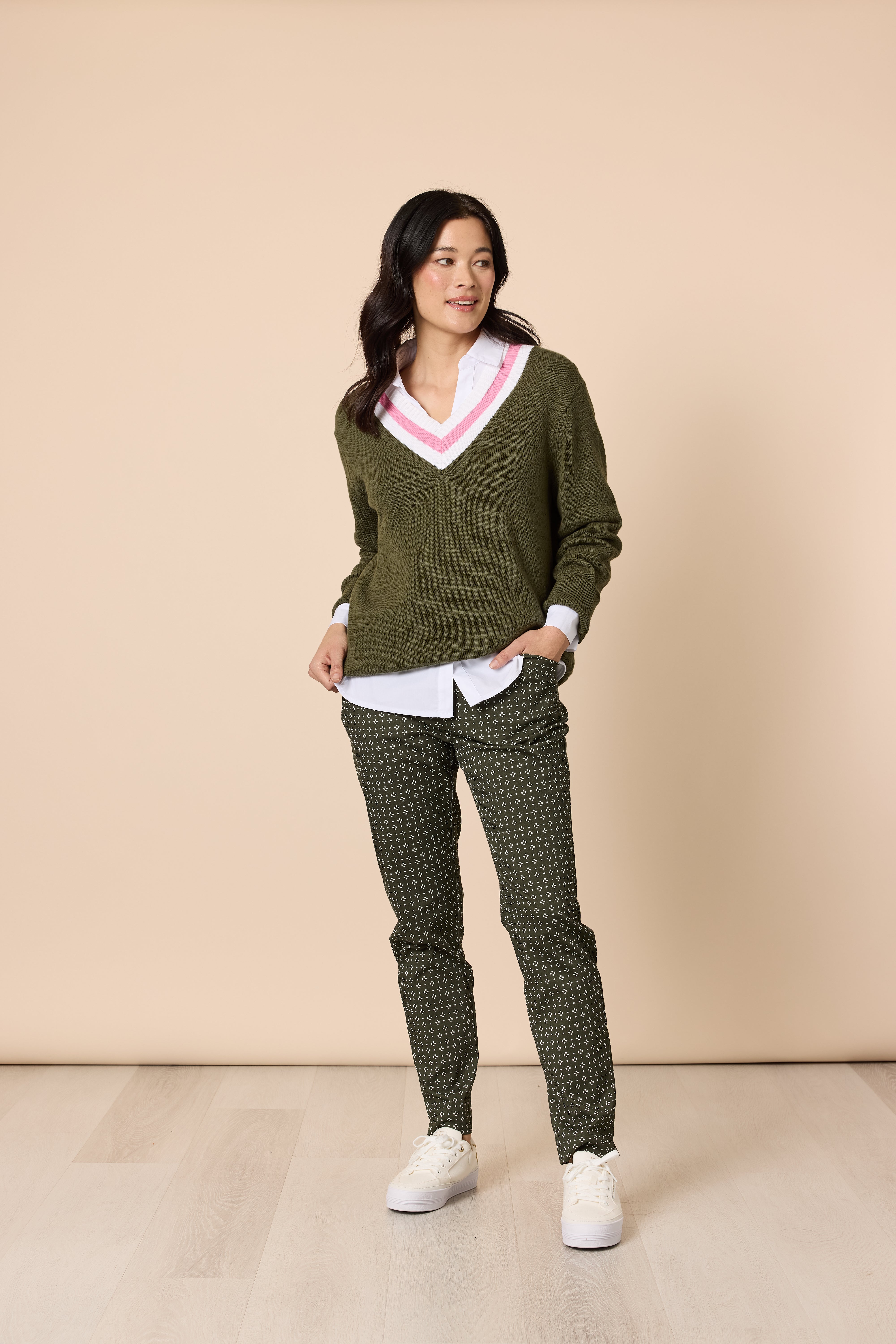 Khaki V Neck Knit Jumper with Pink White Trim | Cotton Layering Sweater Australia