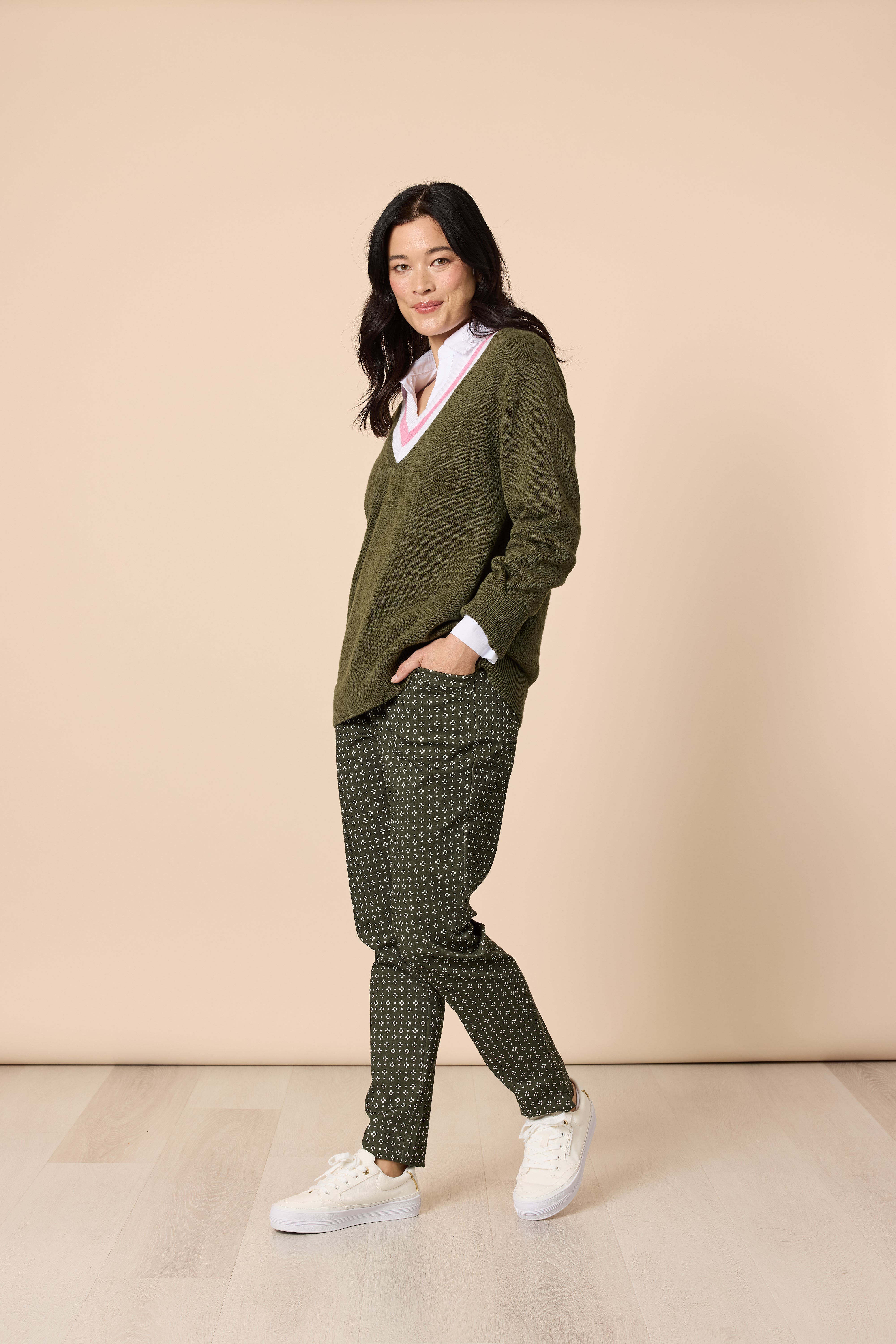 Khaki V Neck Knit Jumper with Pink White Trim | Cotton Layering Sweater Australia