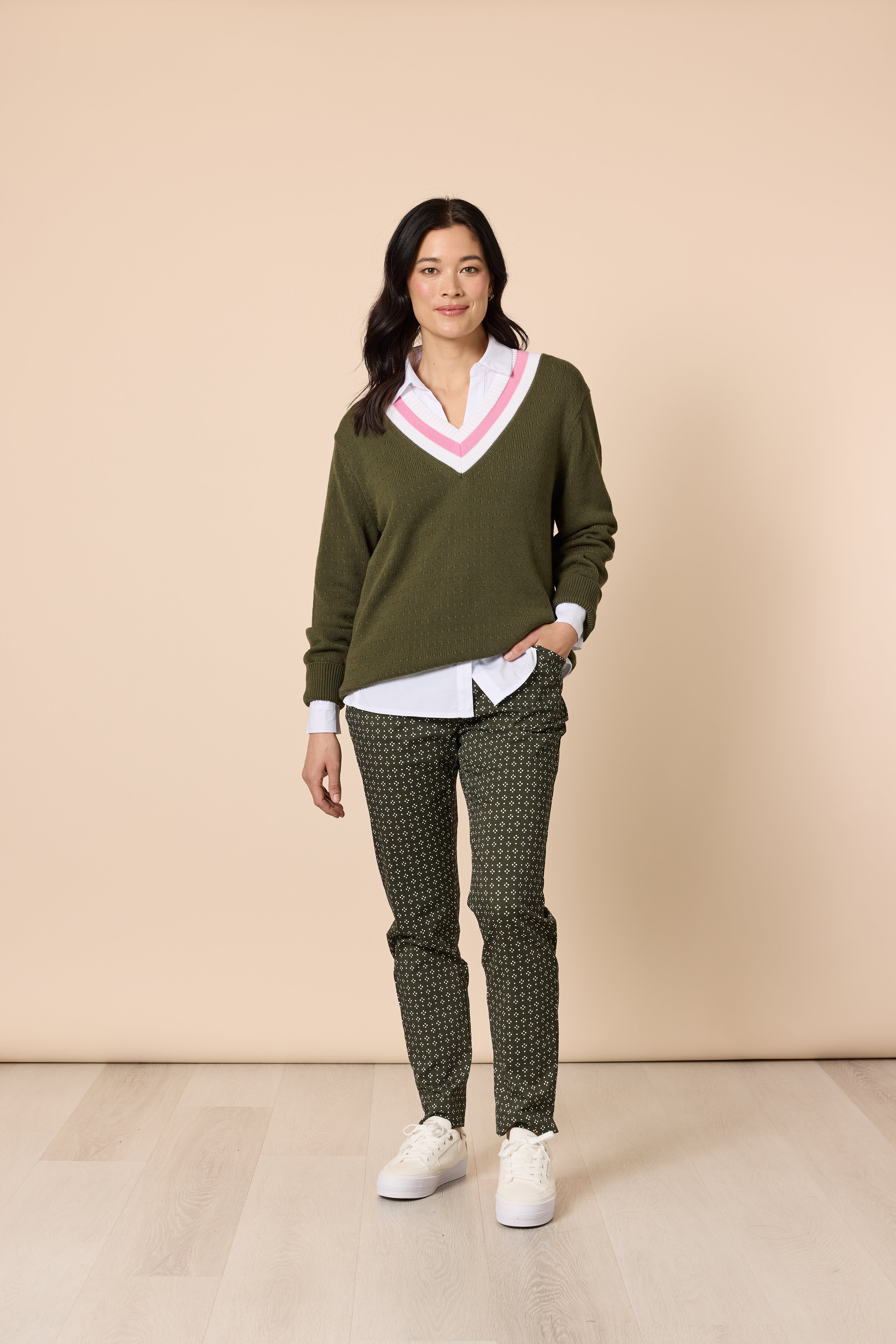 Khaki V Neck Knit Jumper with Pink White Trim | Cotton Layering Sweater Australia